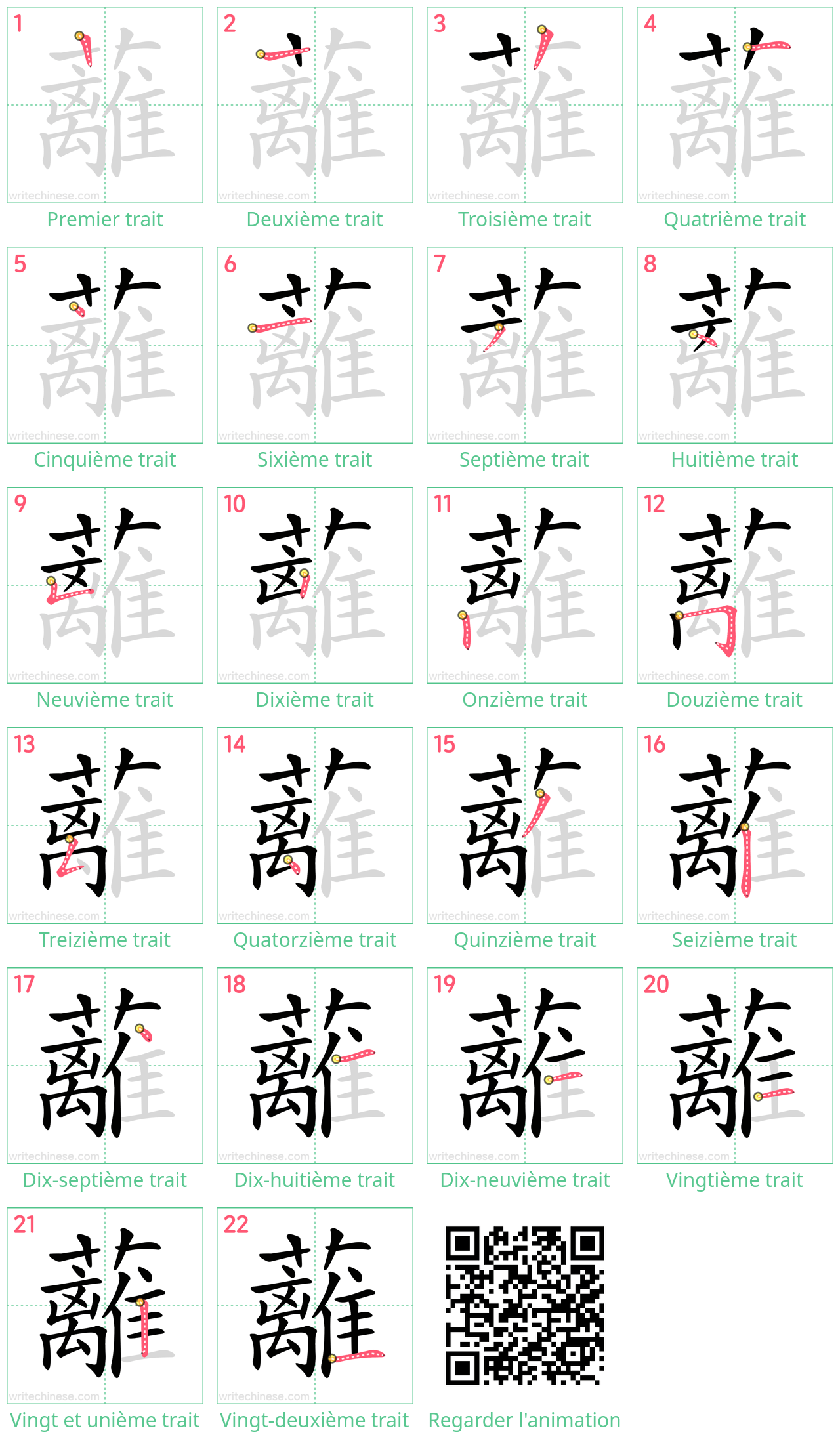 Diagrammes d'ordre des traits étape par étape pour le caractère 蘺