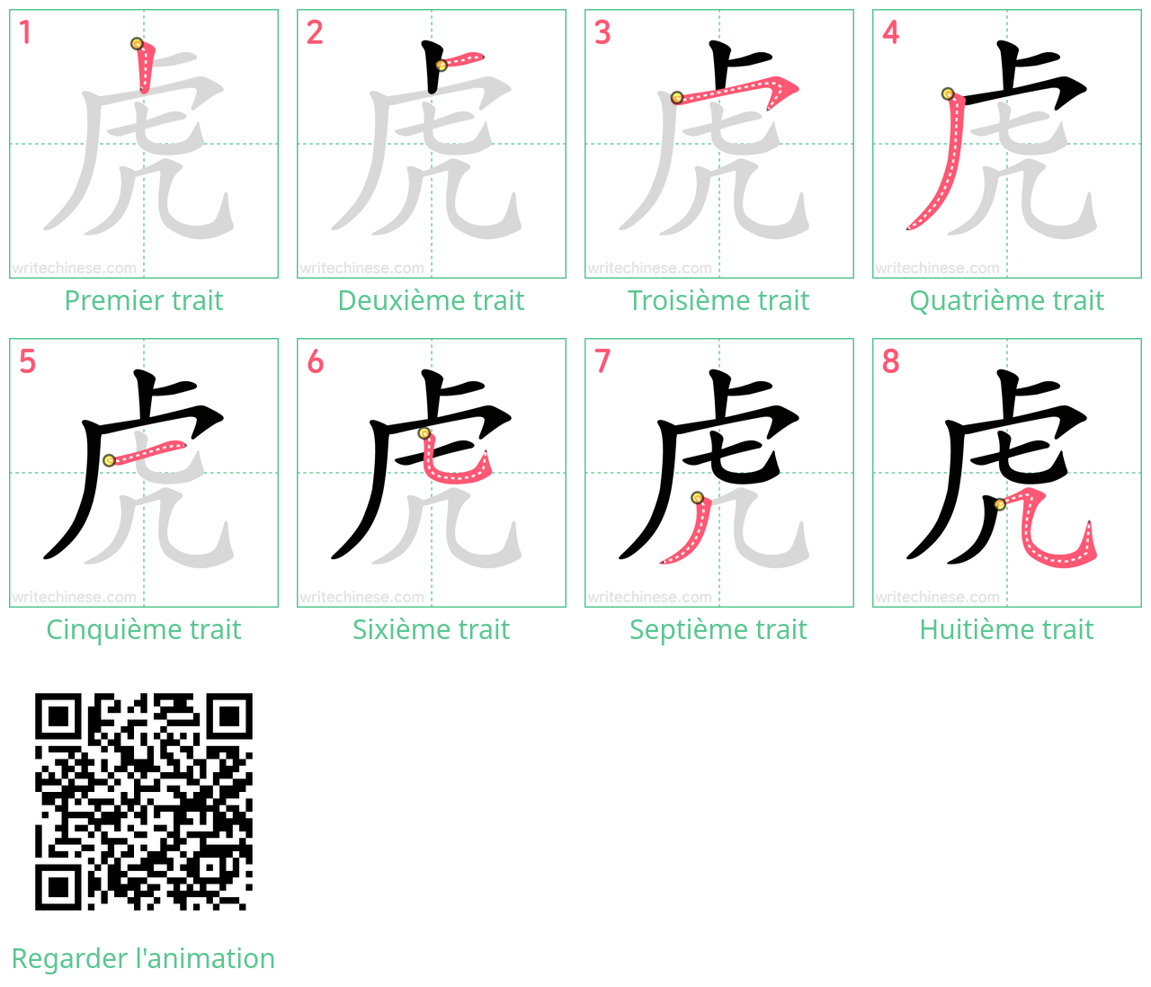 Diagrammes d'ordre des traits étape par étape pour le caractère 虎