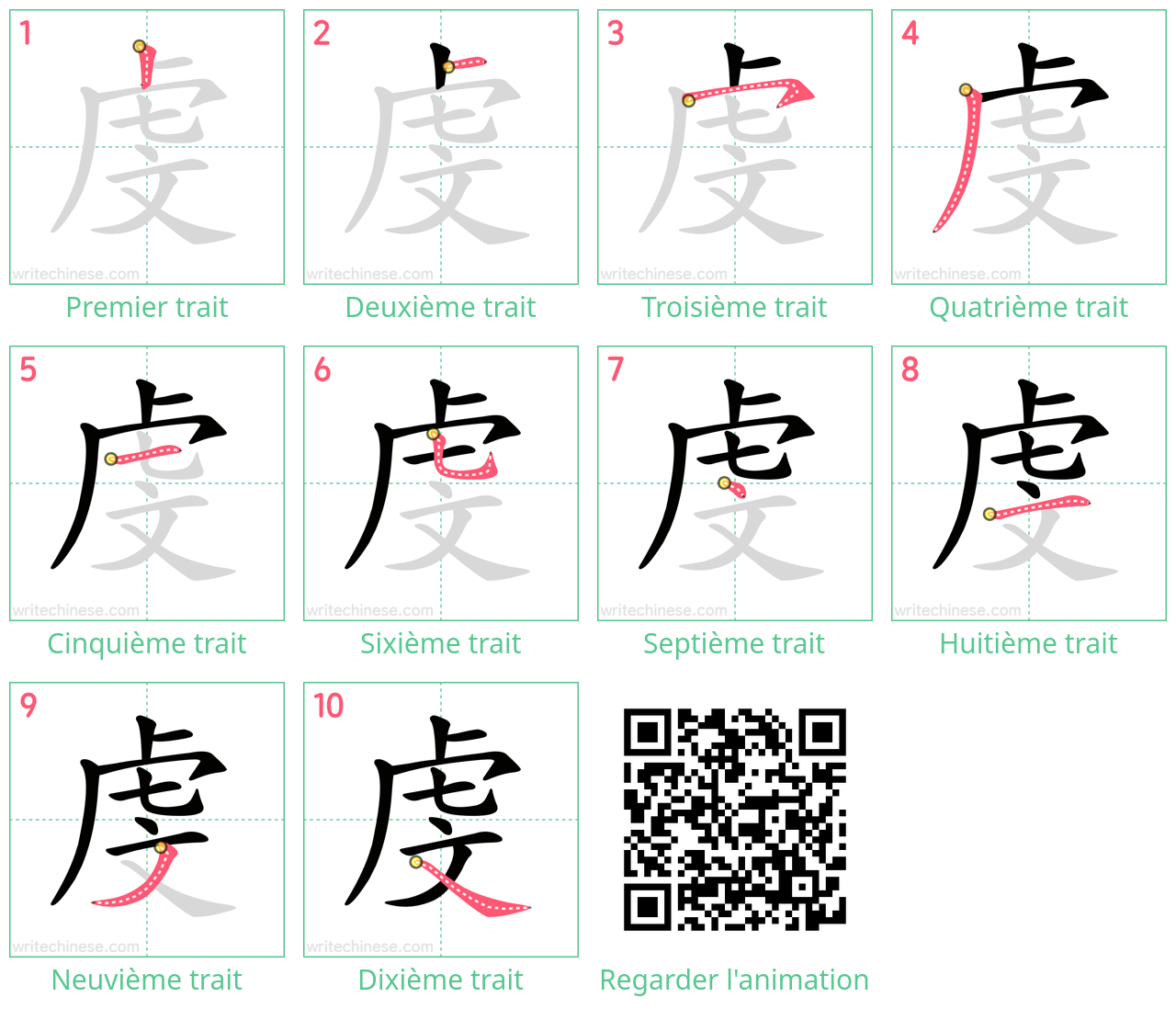 Diagrammes d'ordre des traits étape par étape pour le caractère 虔