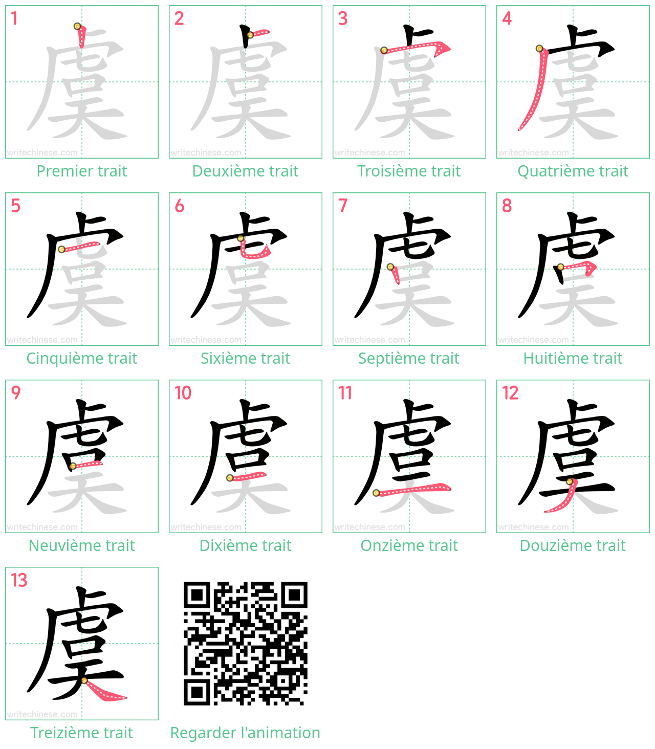 Diagrammes d'ordre des traits étape par étape pour le caractère 虞
