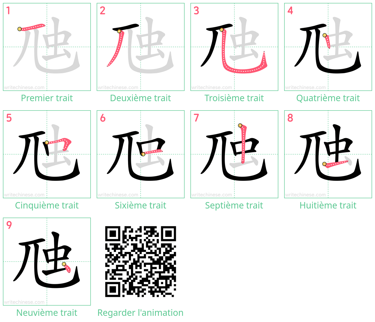 Diagrammes d'ordre des traits étape par étape pour le caractère 虺