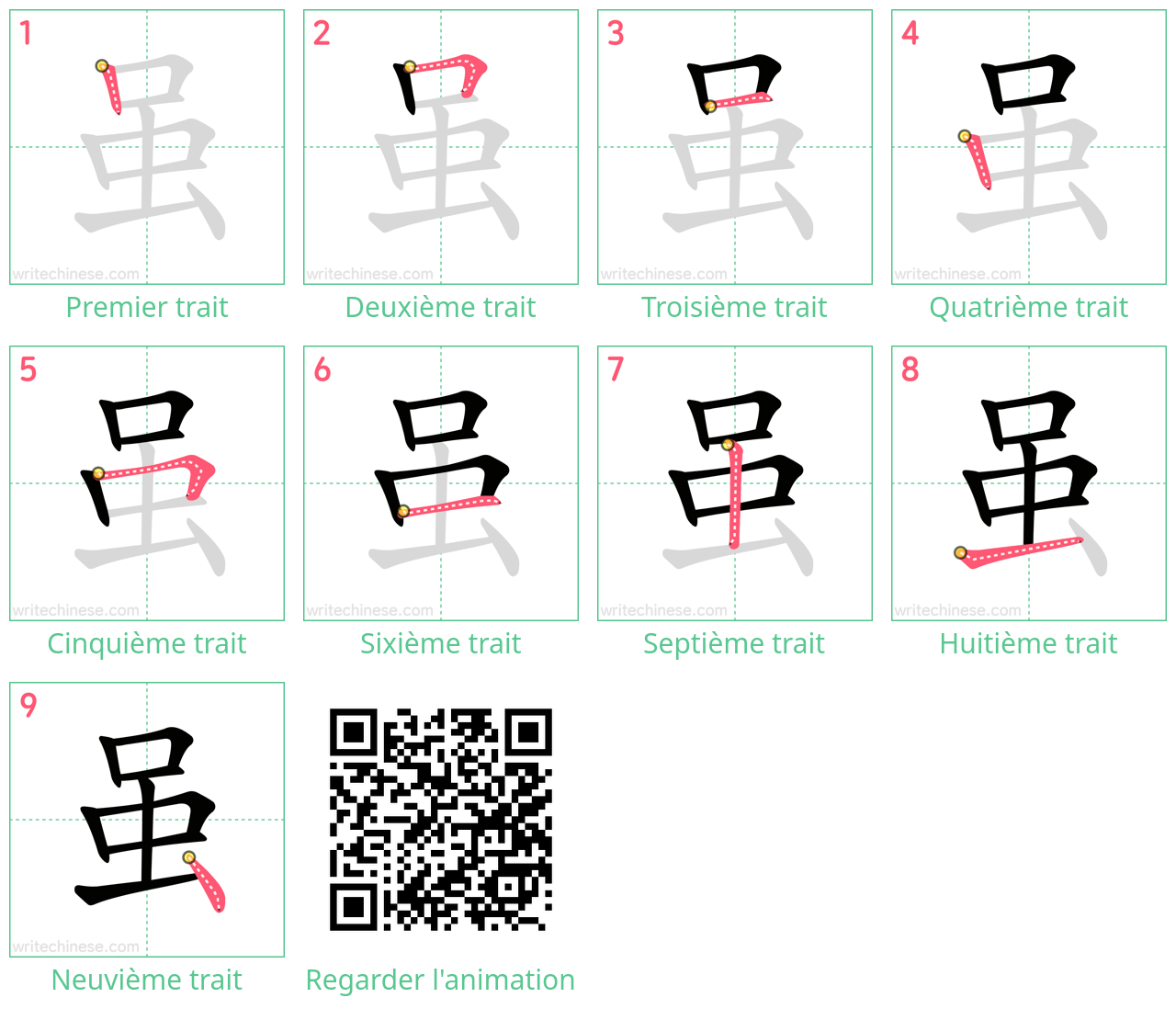 Diagrammes d'ordre des traits étape par étape pour le caractère 虽