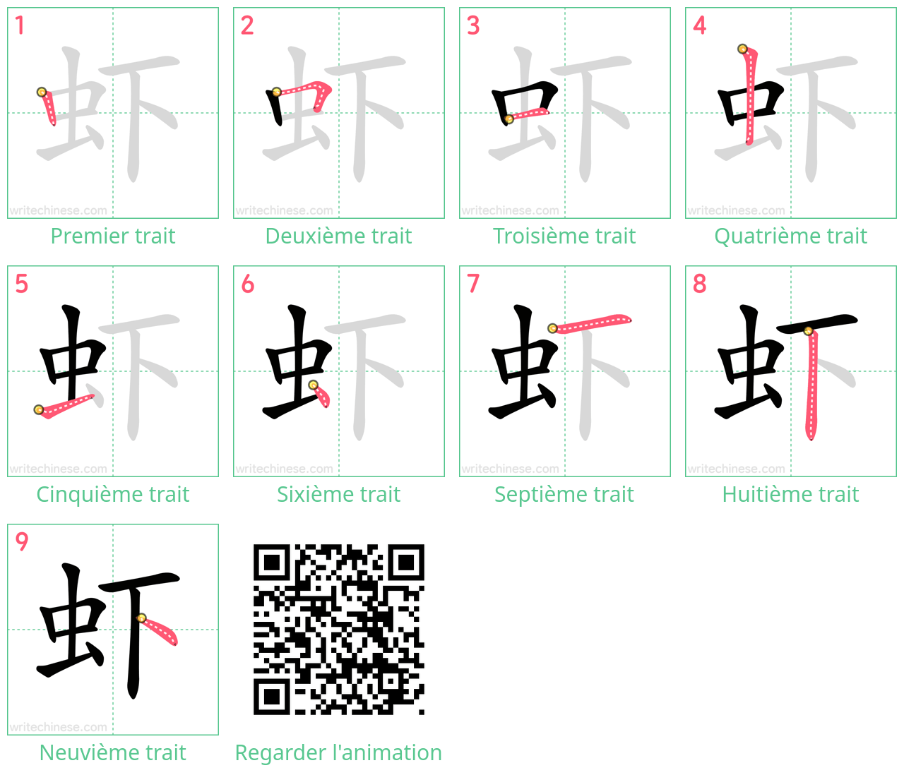 Diagrammes d'ordre des traits étape par étape pour le caractère 虾