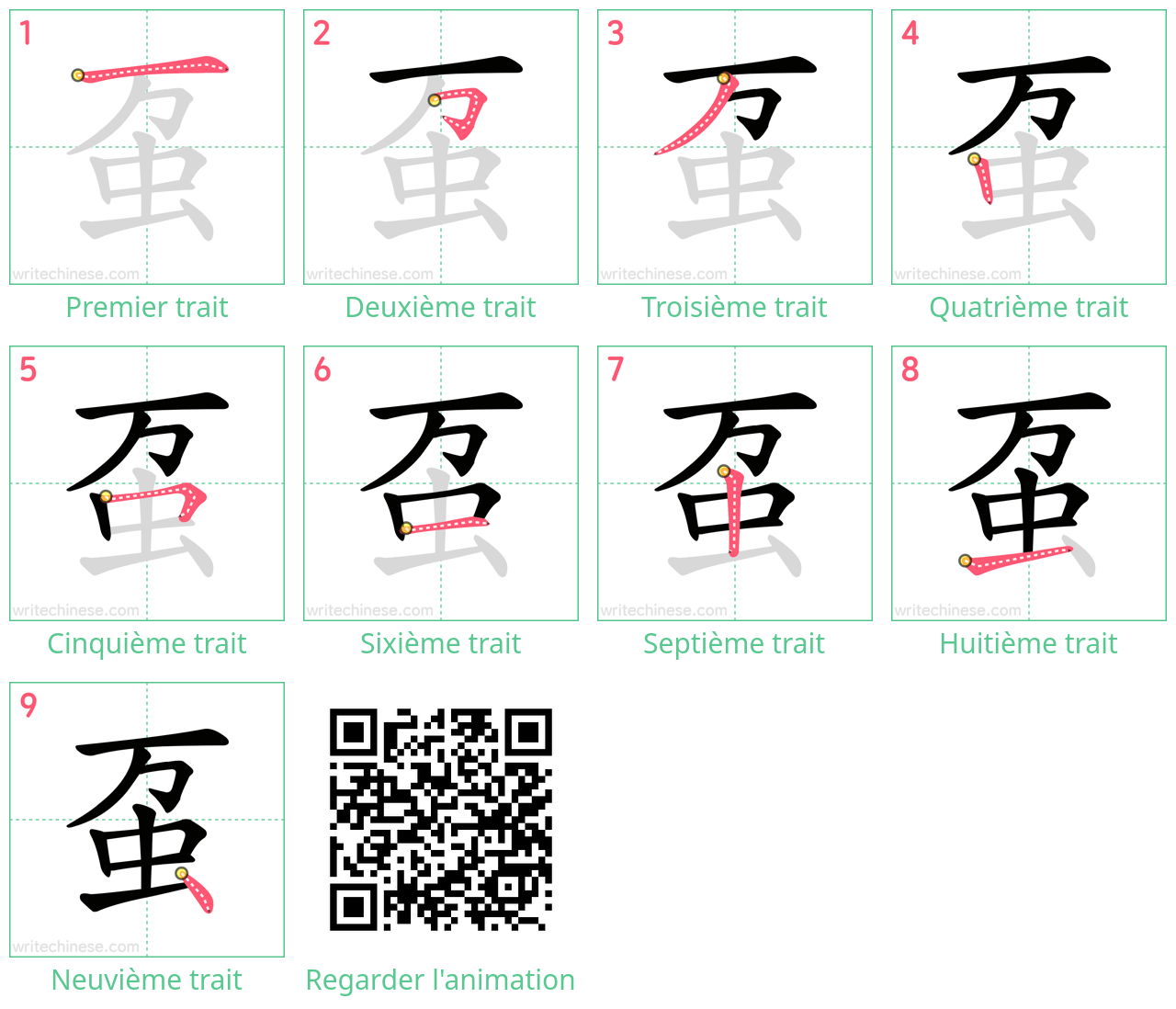 Diagrammes d'ordre des traits étape par étape pour le caractère 虿