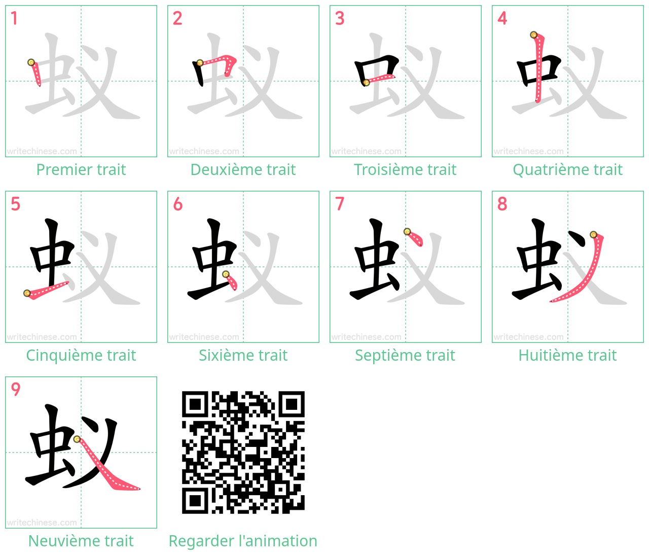 Diagrammes d'ordre des traits étape par étape pour le caractère 蚁