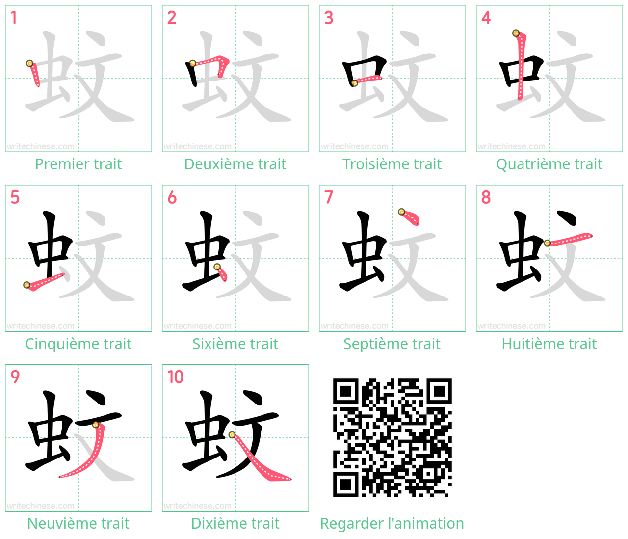 Diagrammes d'ordre des traits étape par étape pour le caractère 蚊