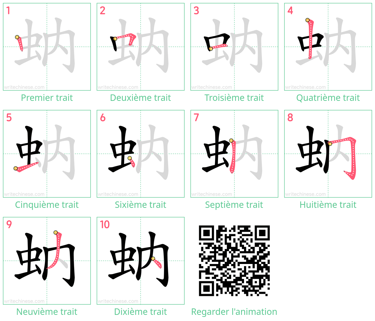 Diagrammes d'ordre des traits étape par étape pour le caractère 蚋