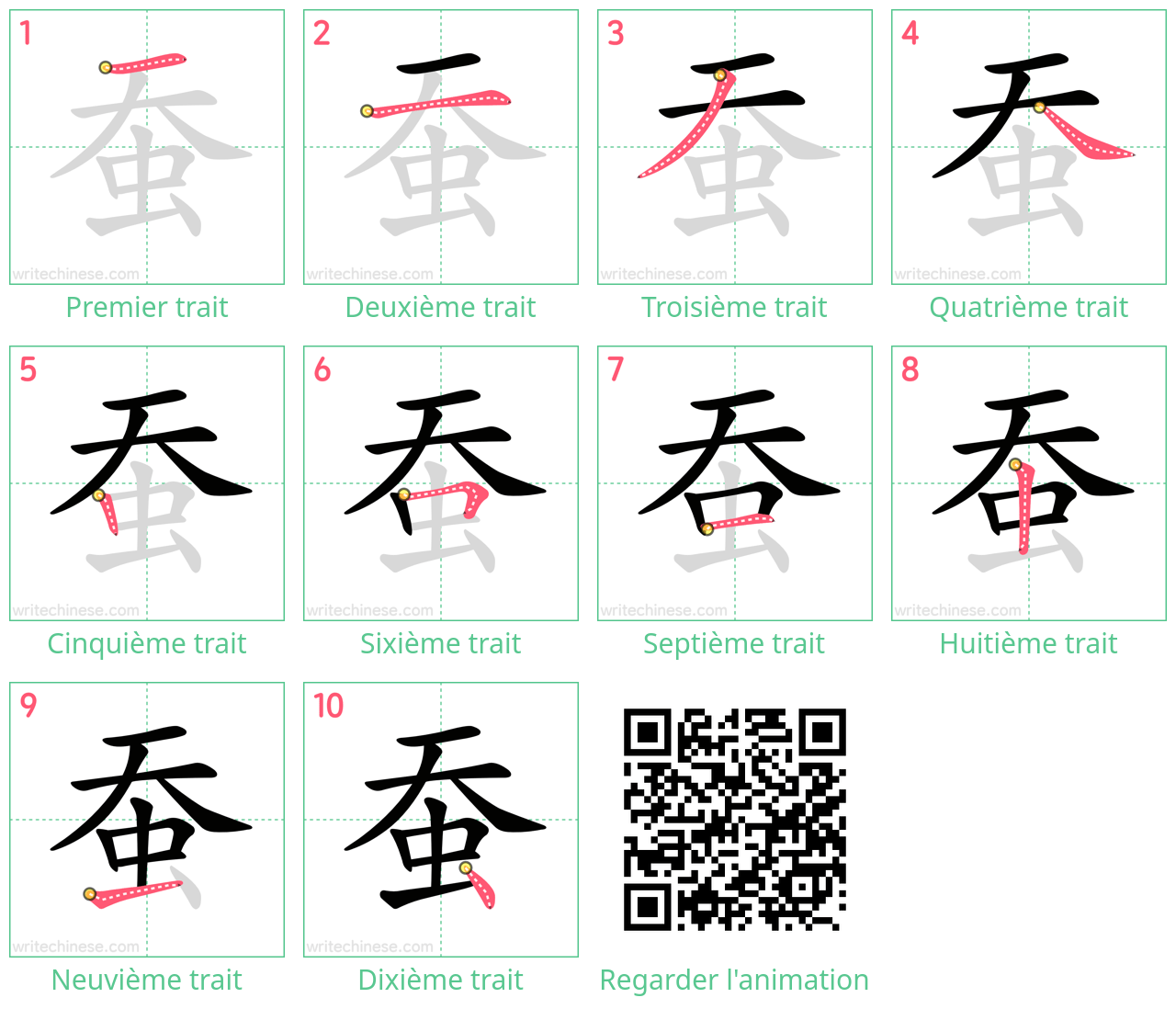 Diagrammes d'ordre des traits étape par étape pour le caractère 蚕