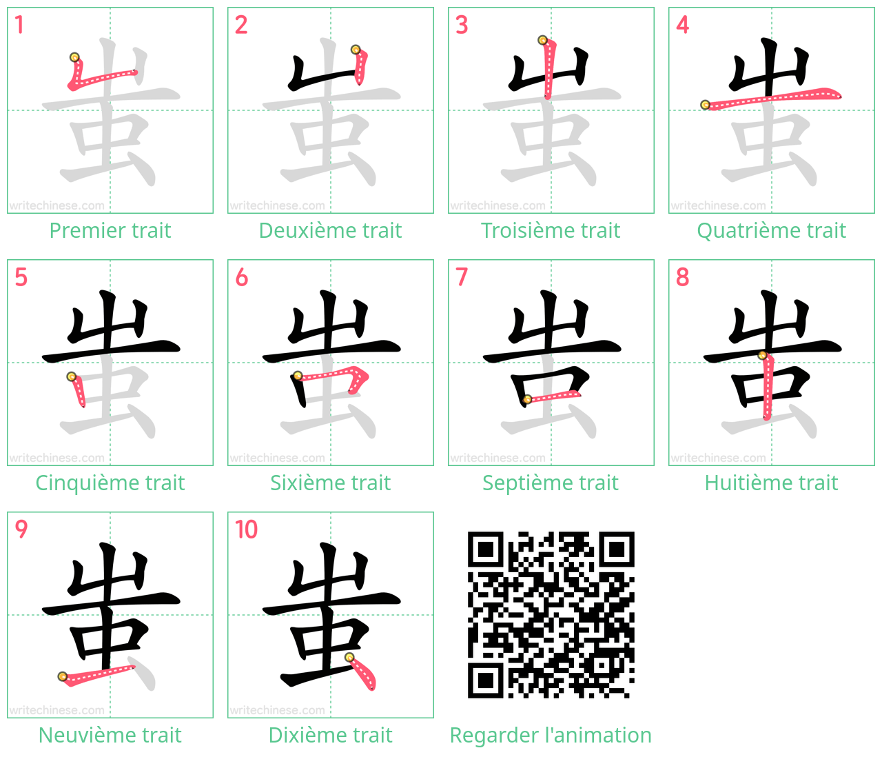 Diagrammes d'ordre des traits étape par étape pour le caractère 蚩
