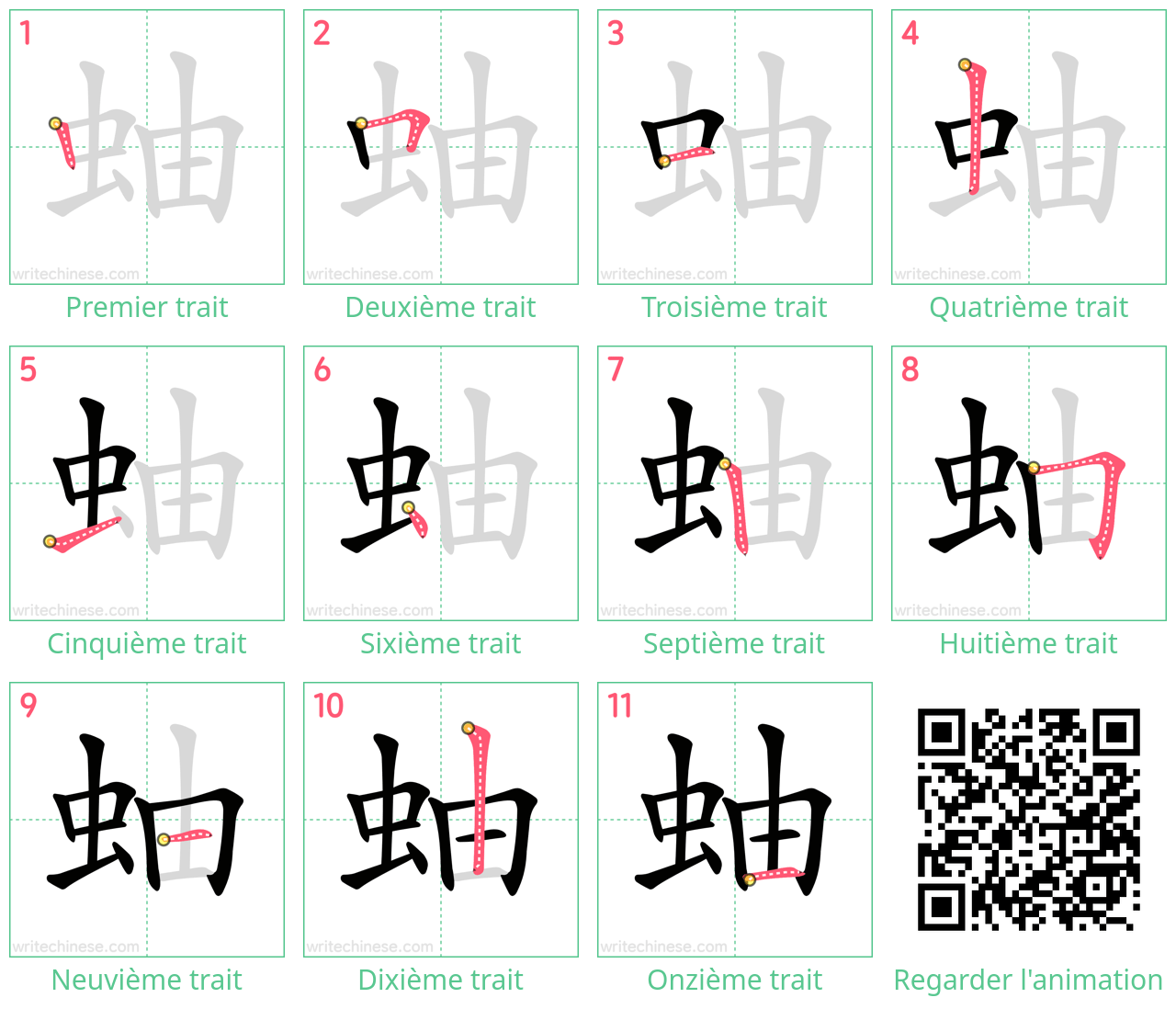 Diagrammes d'ordre des traits étape par étape pour le caractère 蚰