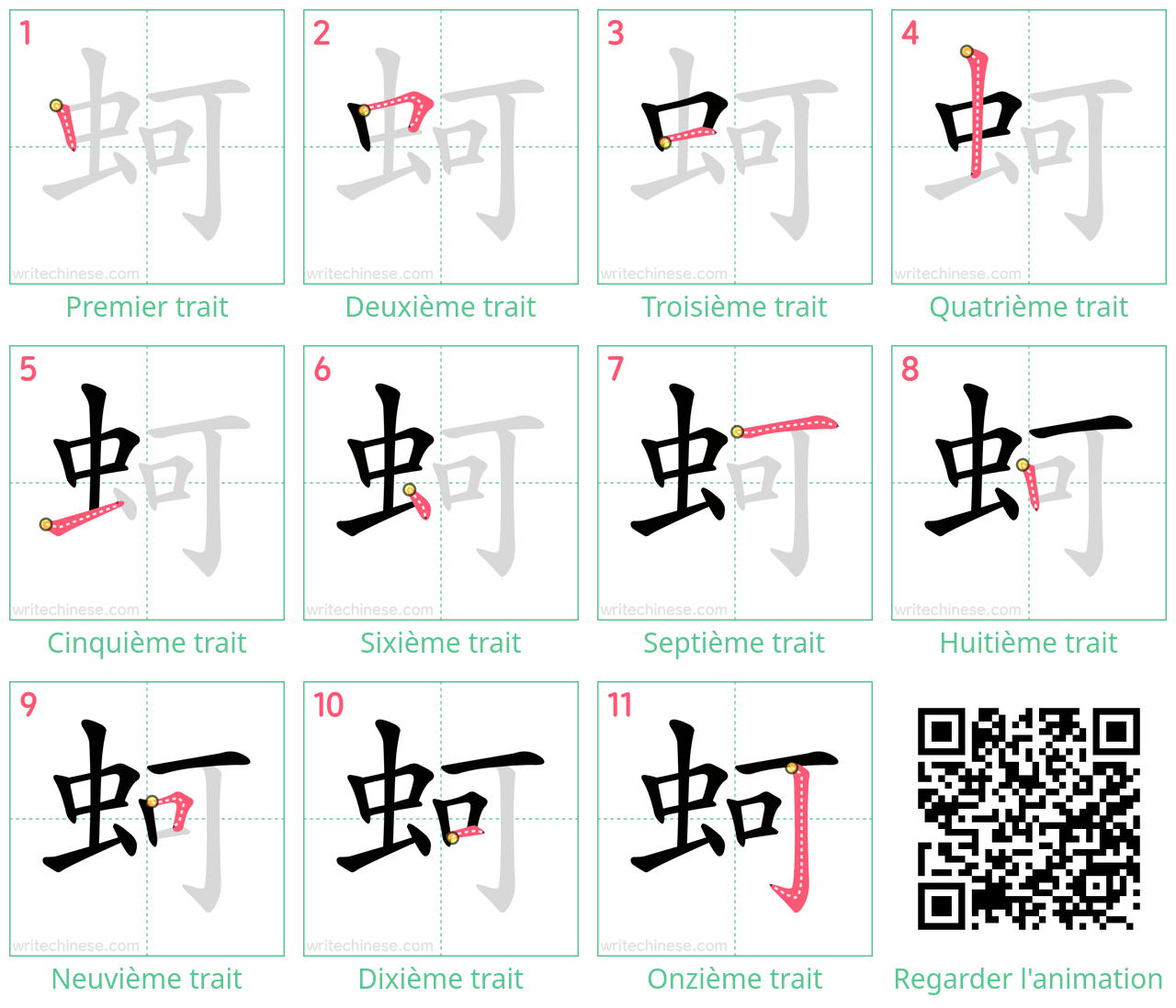 Diagrammes d'ordre des traits étape par étape pour le caractère 蚵