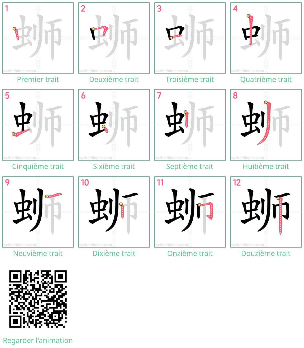 Diagrammes d'ordre des traits étape par étape pour le caractère 蛳