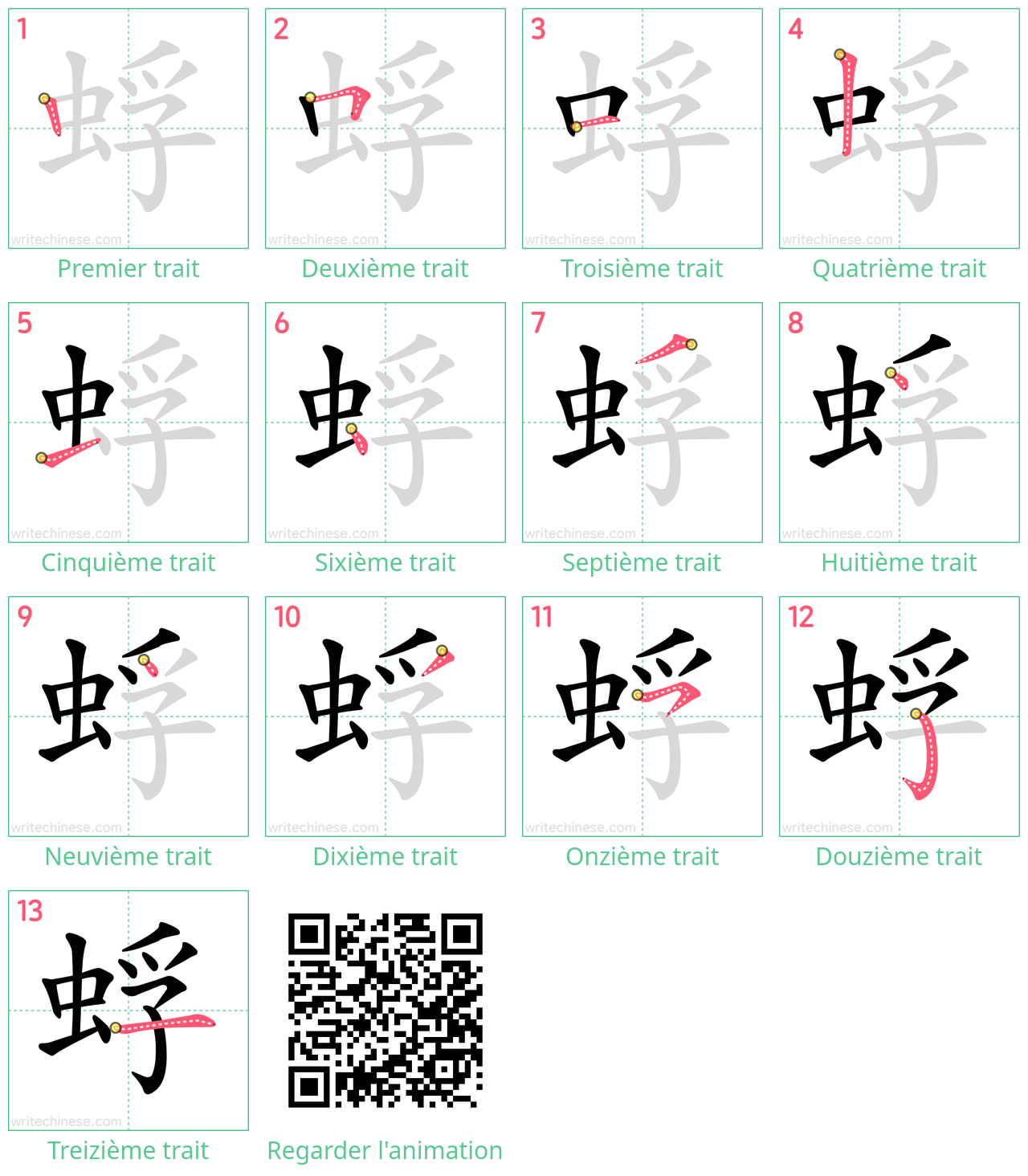 Diagrammes d'ordre des traits étape par étape pour le caractère 蜉