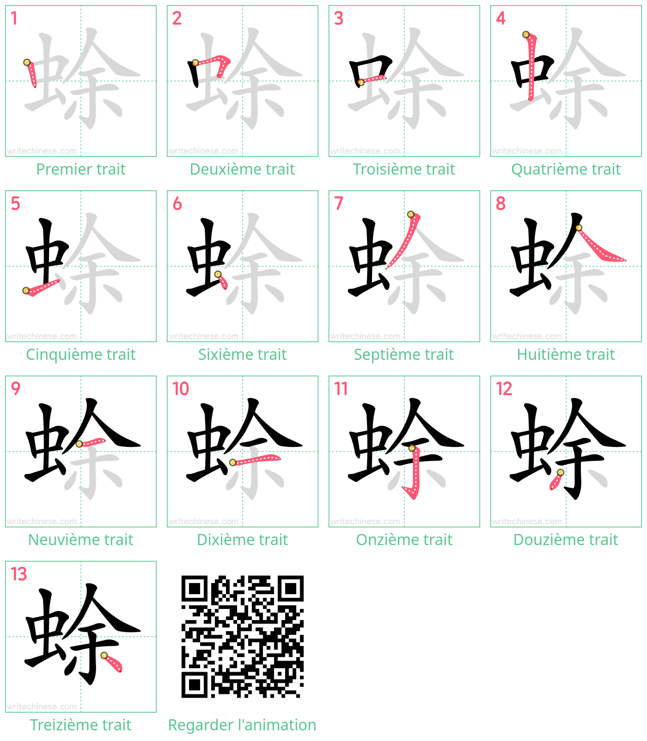 Diagrammes d'ordre des traits étape par étape pour le caractère 蜍