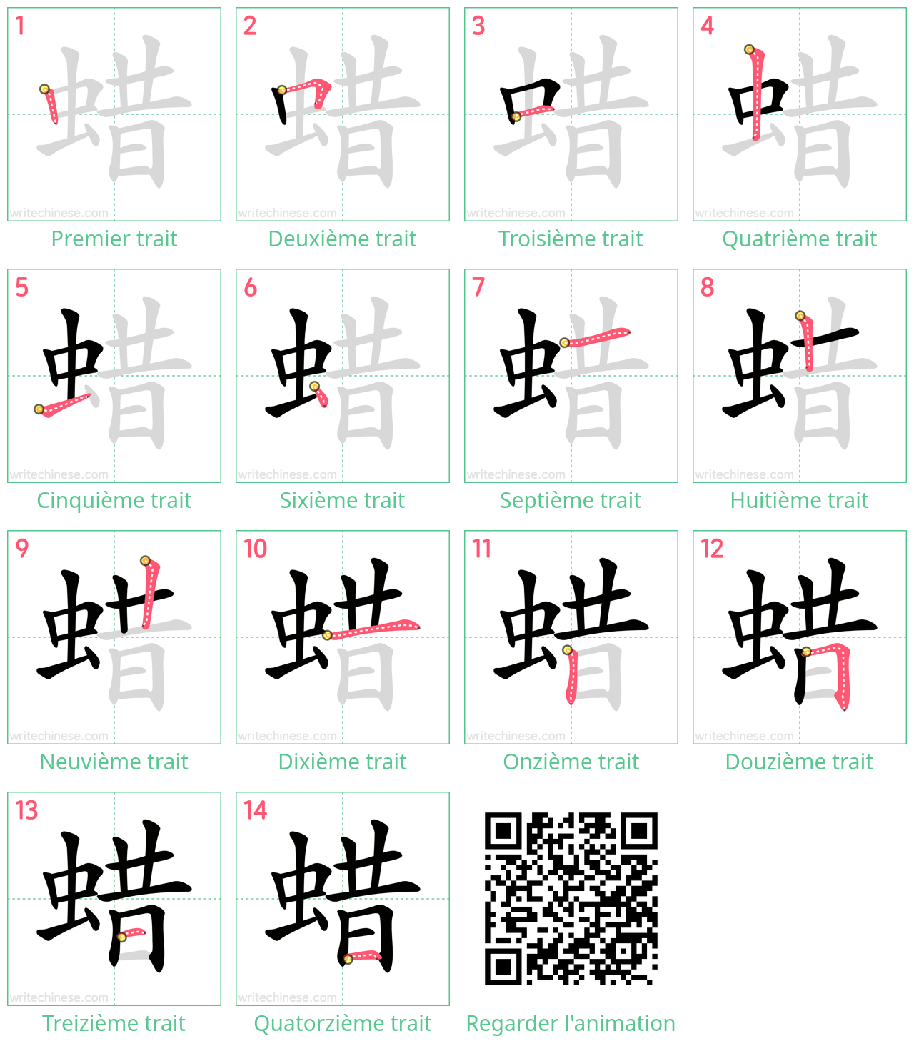 Diagrammes d'ordre des traits étape par étape pour le caractère 蜡