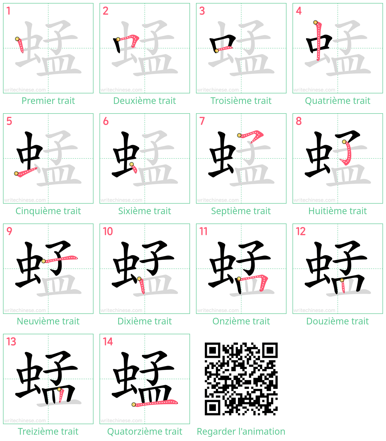 Diagrammes d'ordre des traits étape par étape pour le caractère 蜢