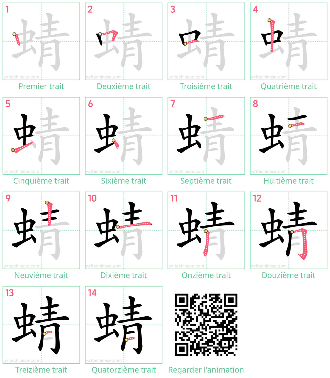 Diagrammes d'ordre des traits étape par étape pour le caractère 蜻