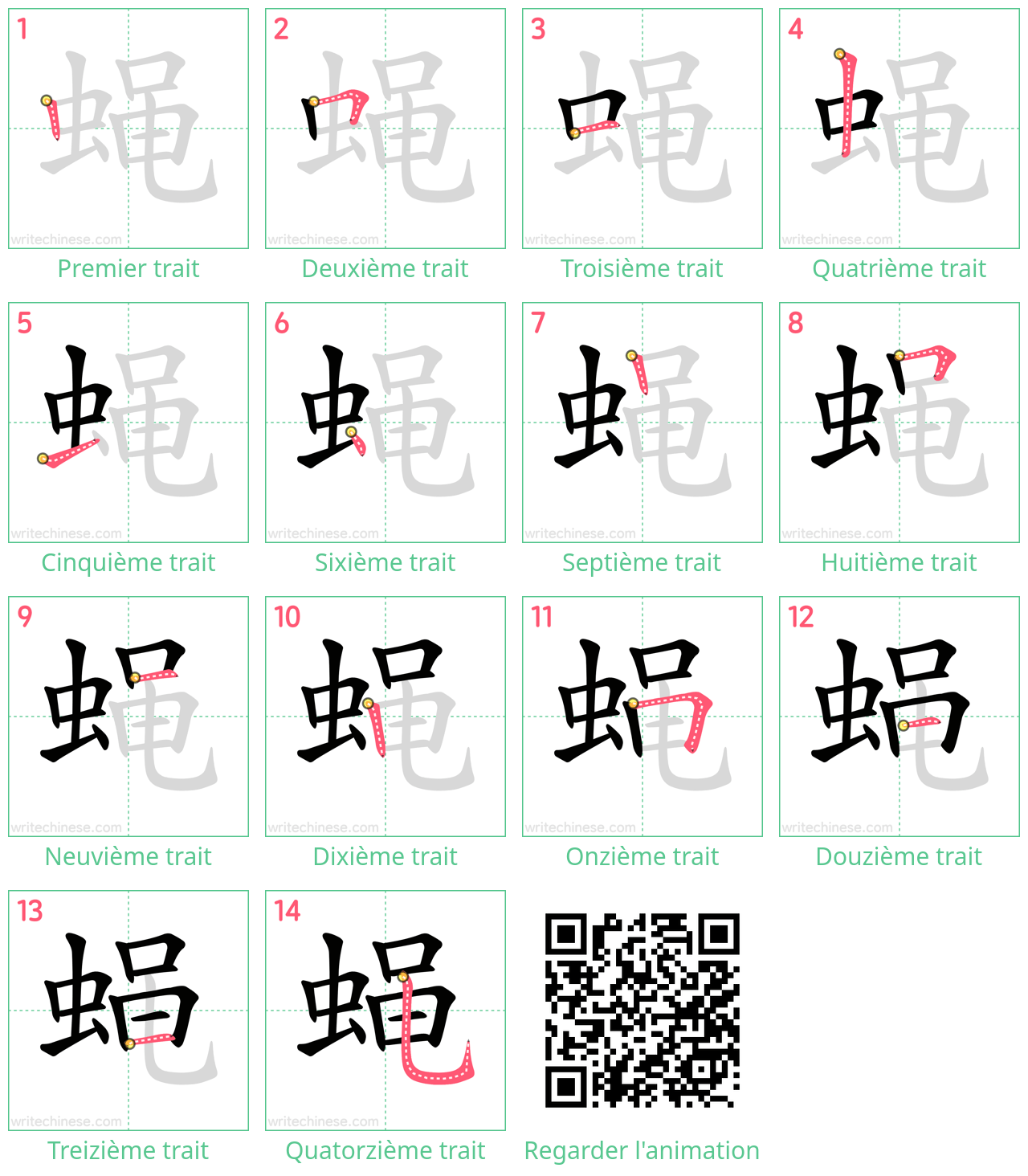 Diagrammes d'ordre des traits étape par étape pour le caractère 蝇