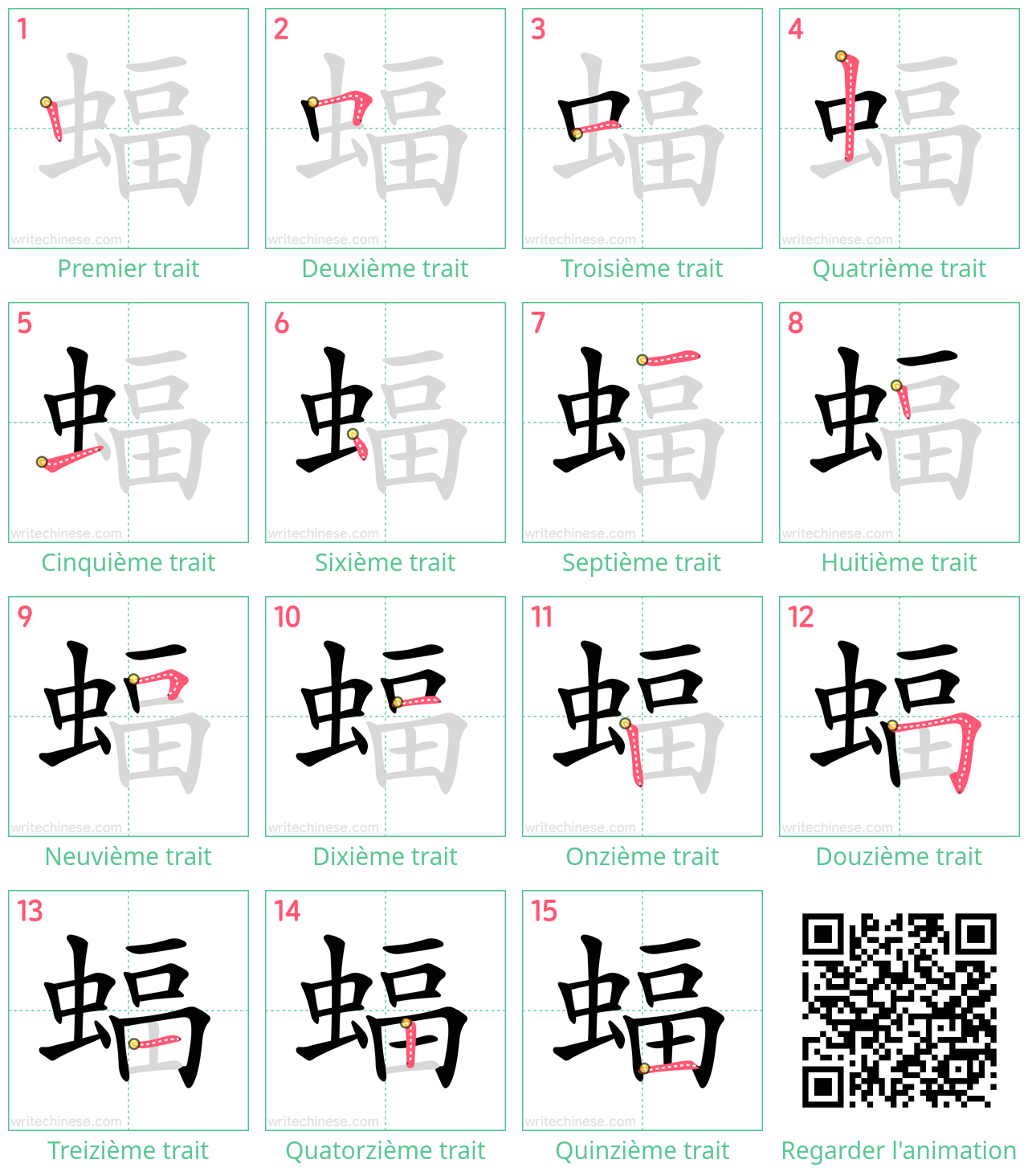 Diagrammes d'ordre des traits étape par étape pour le caractère 蝠