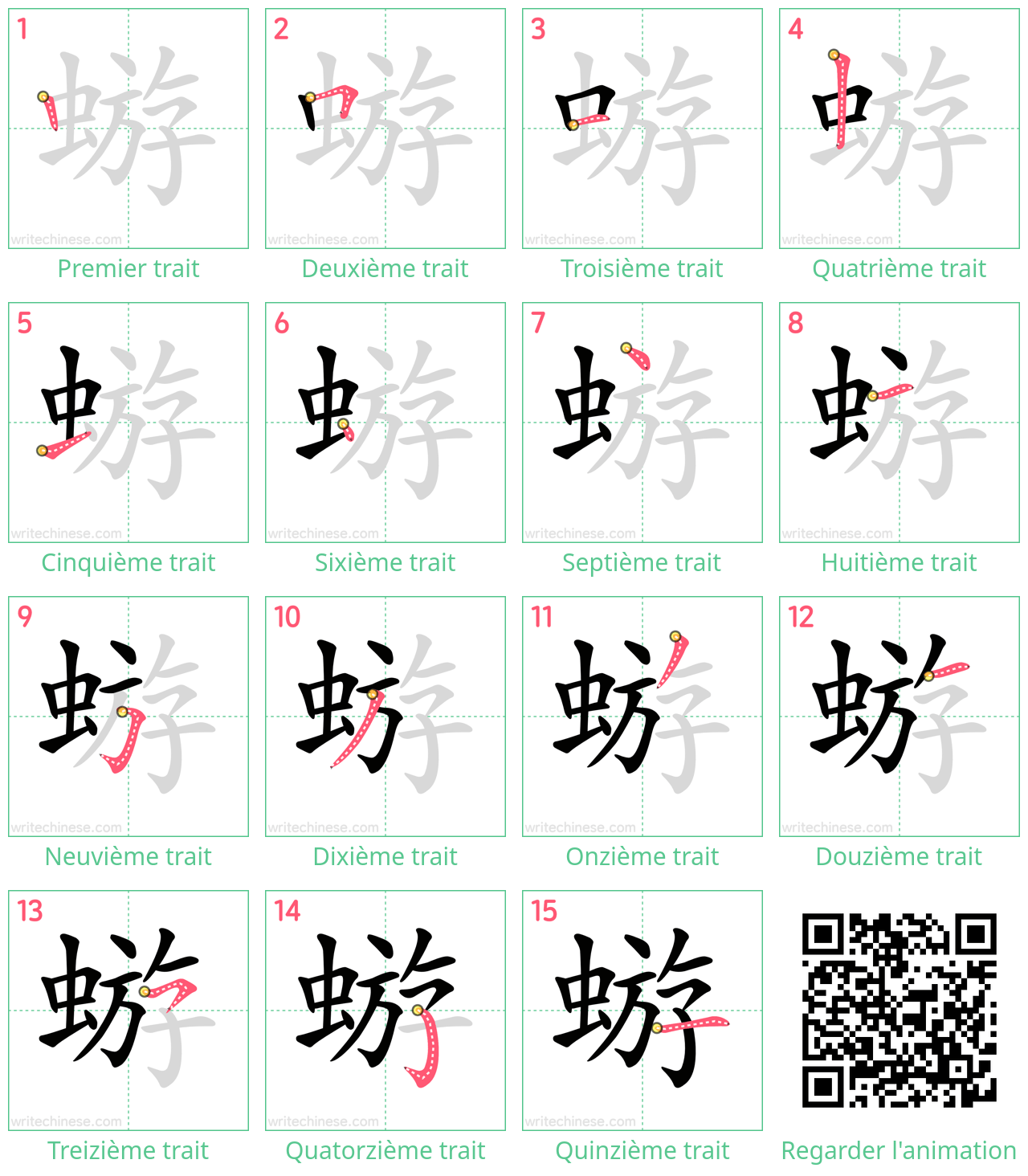 Diagrammes d'ordre des traits étape par étape pour le caractère 蝣