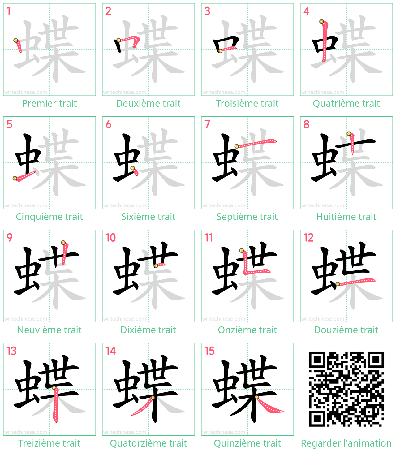 Diagrammes d'ordre des traits étape par étape pour le caractère 蝶