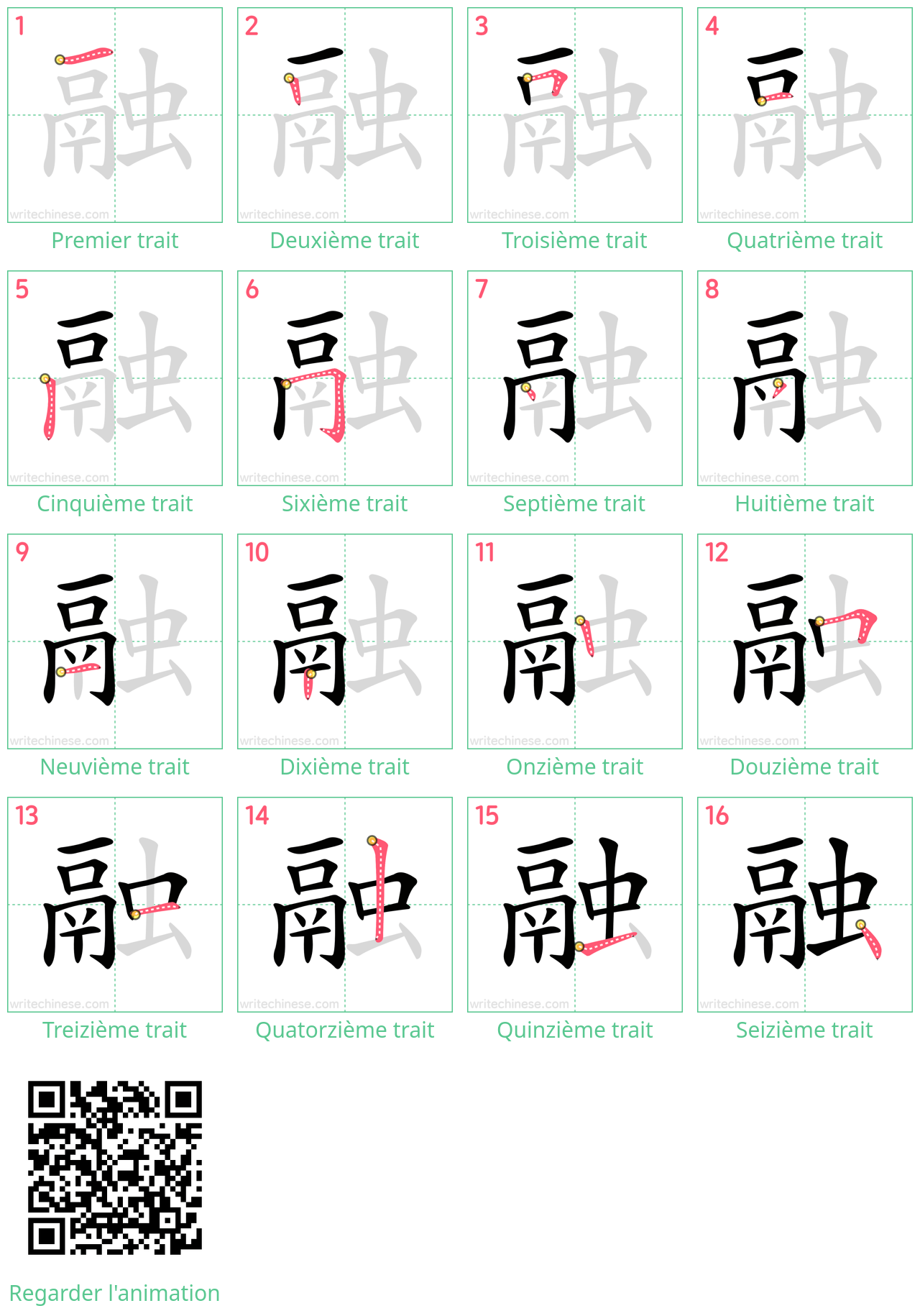 Diagrammes d'ordre des traits étape par étape pour le caractère 融