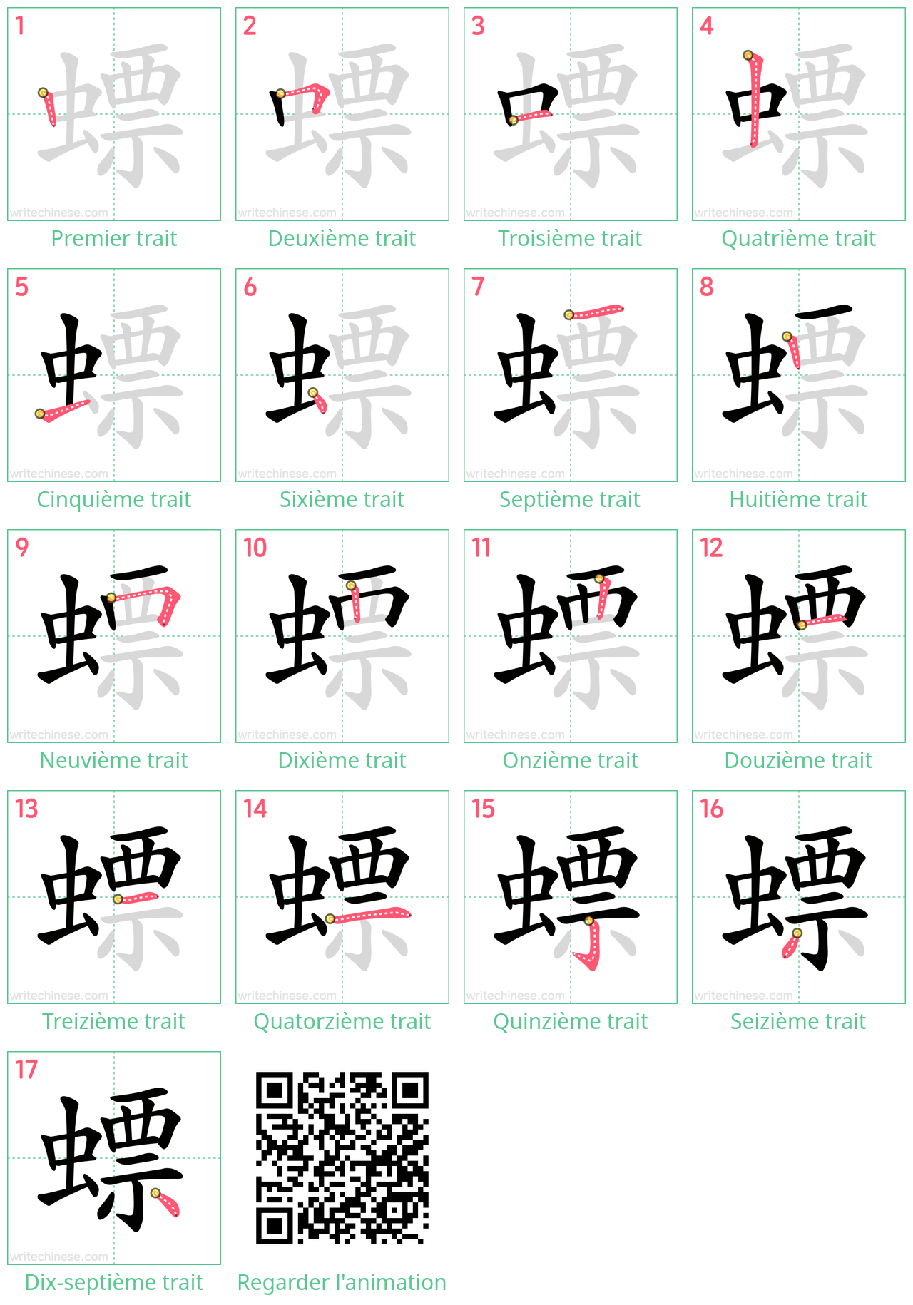 Diagrammes d'ordre des traits étape par étape pour le caractère 螵