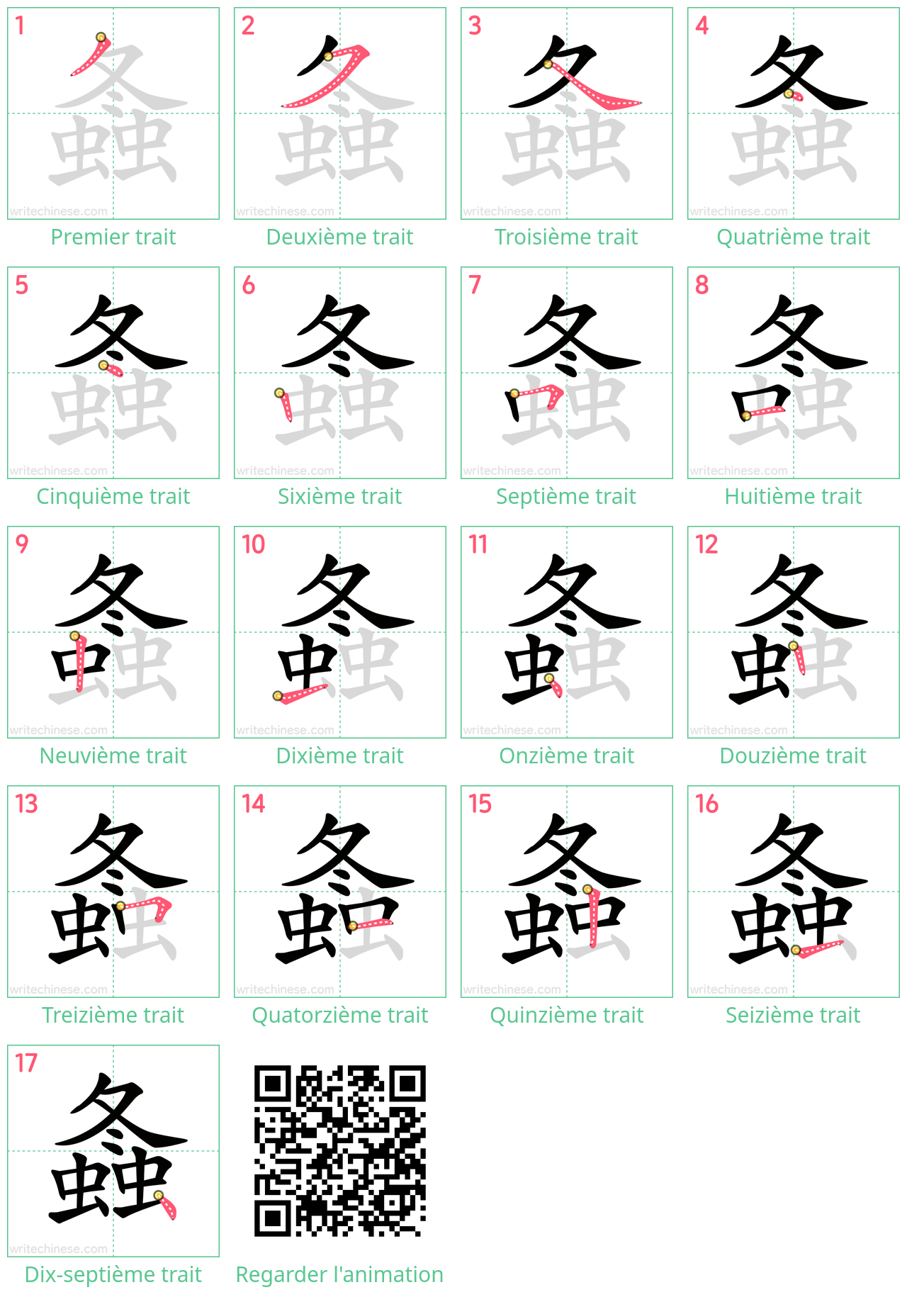 Diagrammes d'ordre des traits étape par étape pour le caractère 螽