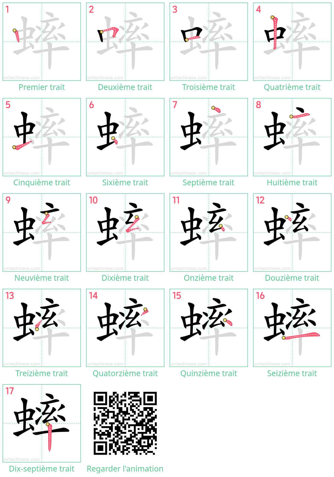 Diagrammes d'ordre des traits étape par étape pour le caractère 蟀