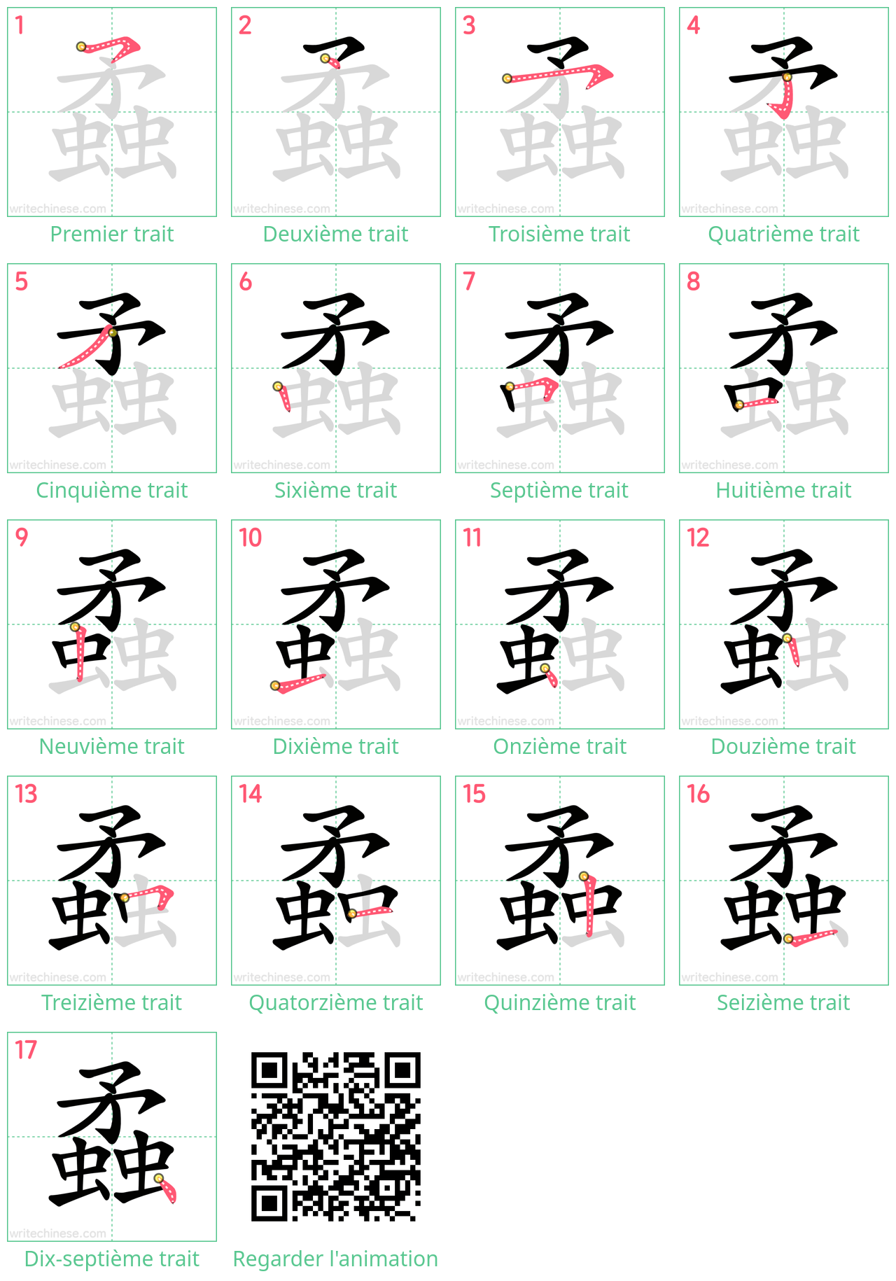 Diagrammes d'ordre des traits étape par étape pour le caractère 蟊