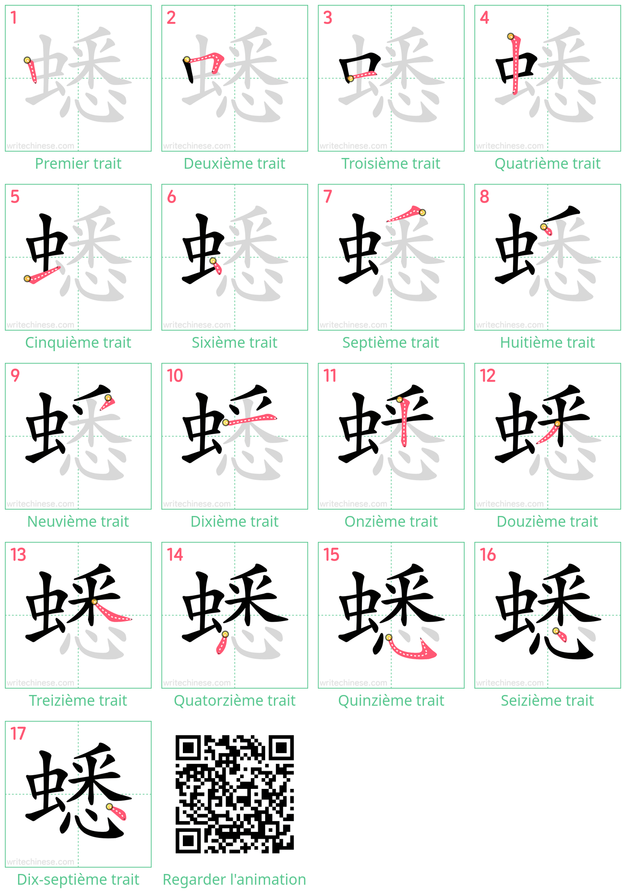 Diagrammes d'ordre des traits étape par étape pour le caractère 蟋