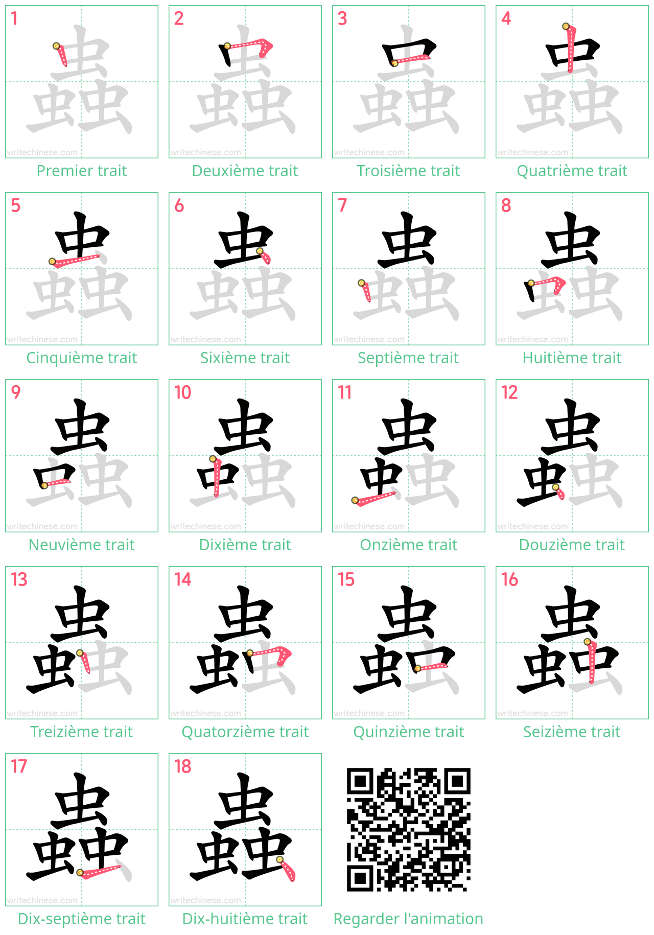 Diagrammes d'ordre des traits étape par étape pour le caractère 蟲