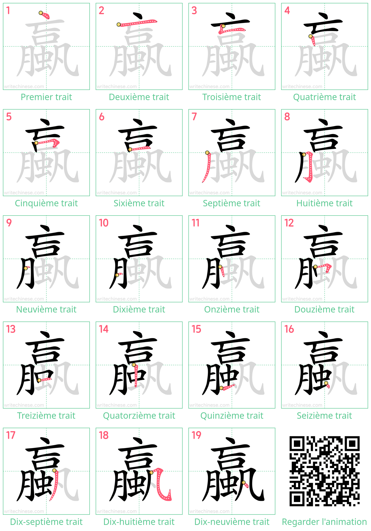 Diagrammes d'ordre des traits étape par étape pour le caractère 蠃