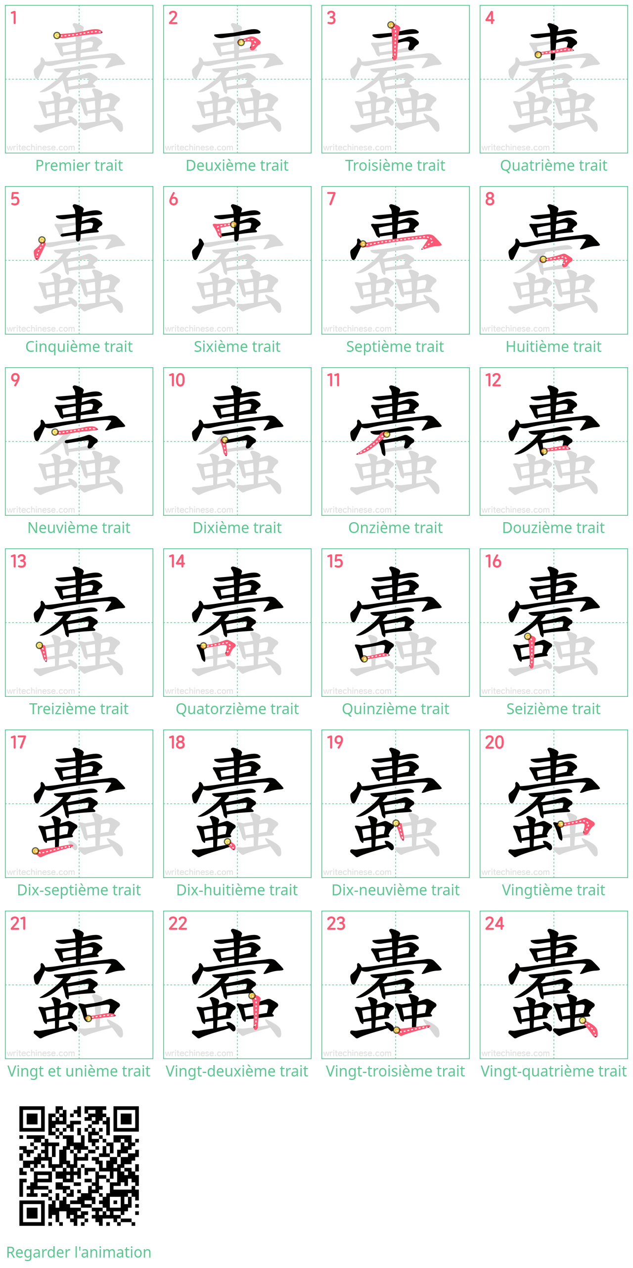 Diagrammes d'ordre des traits étape par étape pour le caractère 蠹