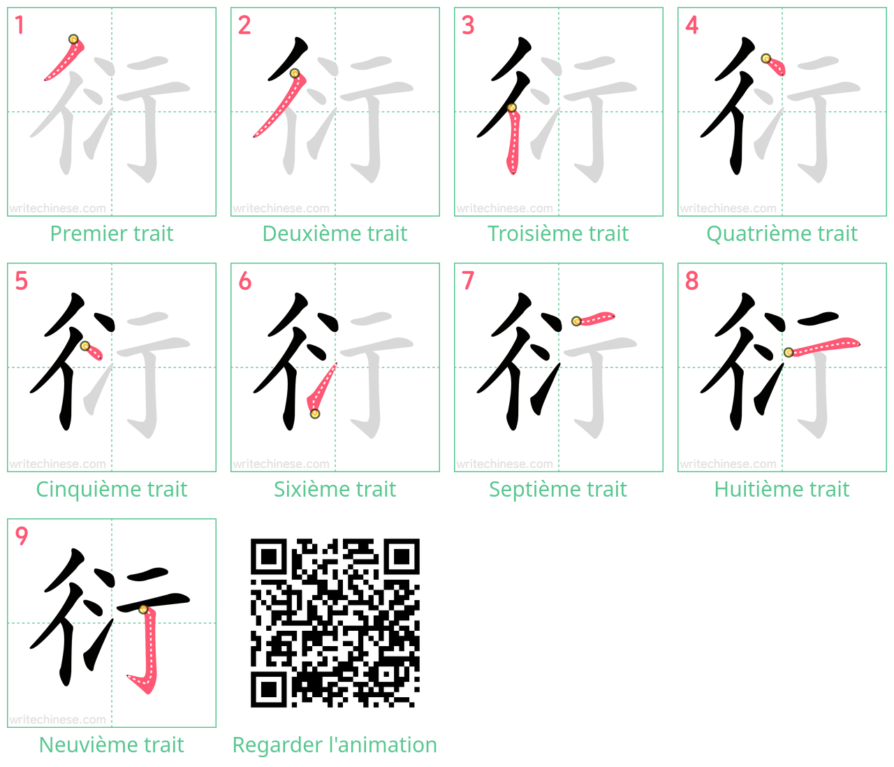 Diagrammes d'ordre des traits étape par étape pour le caractère 衍