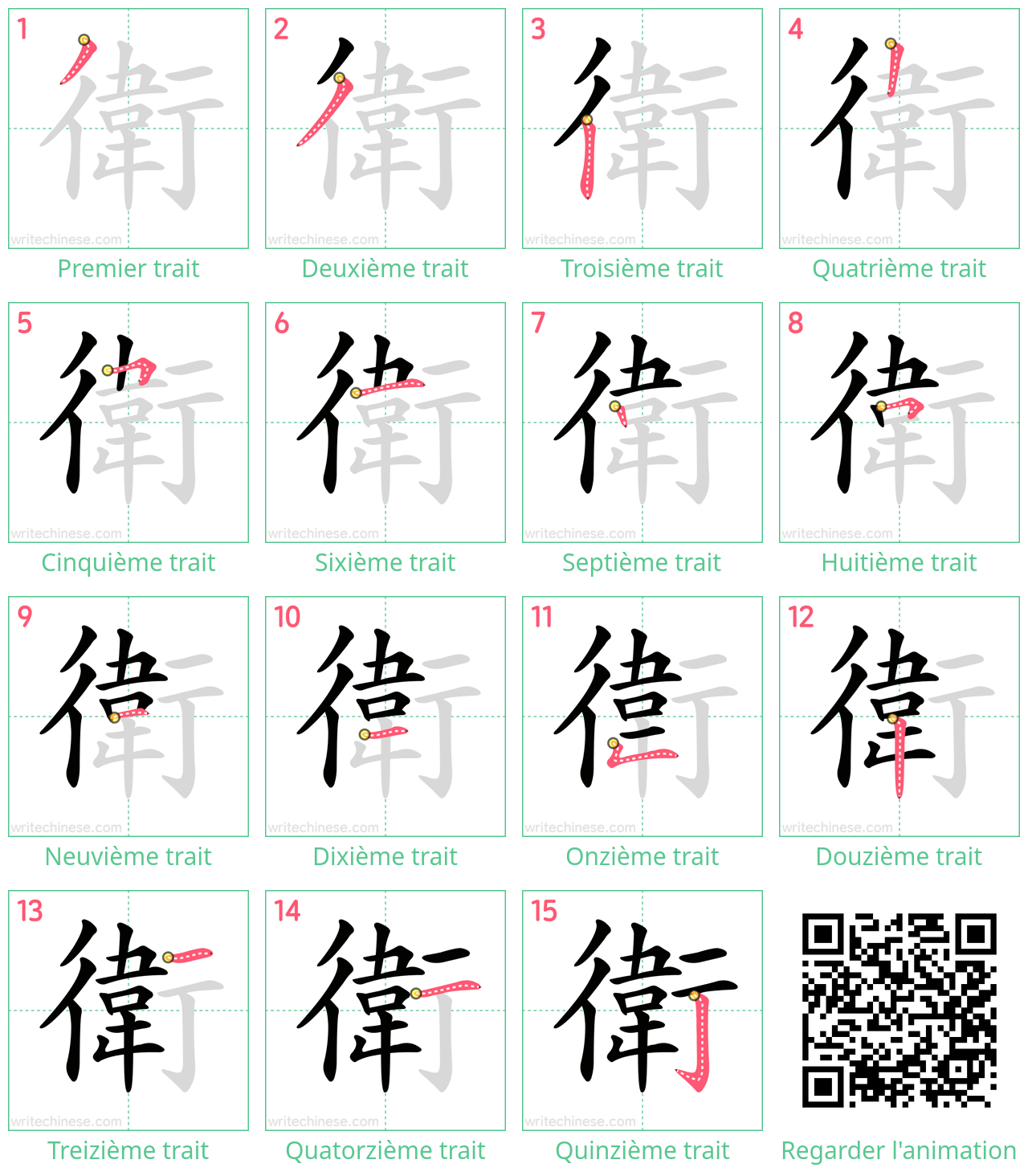 Diagrammes d'ordre des traits étape par étape pour le caractère 衛