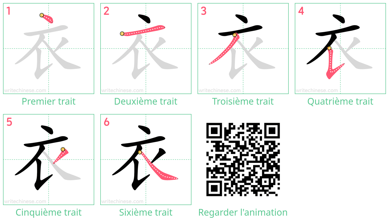 Diagrammes d'ordre des traits étape par étape pour le caractère 衣