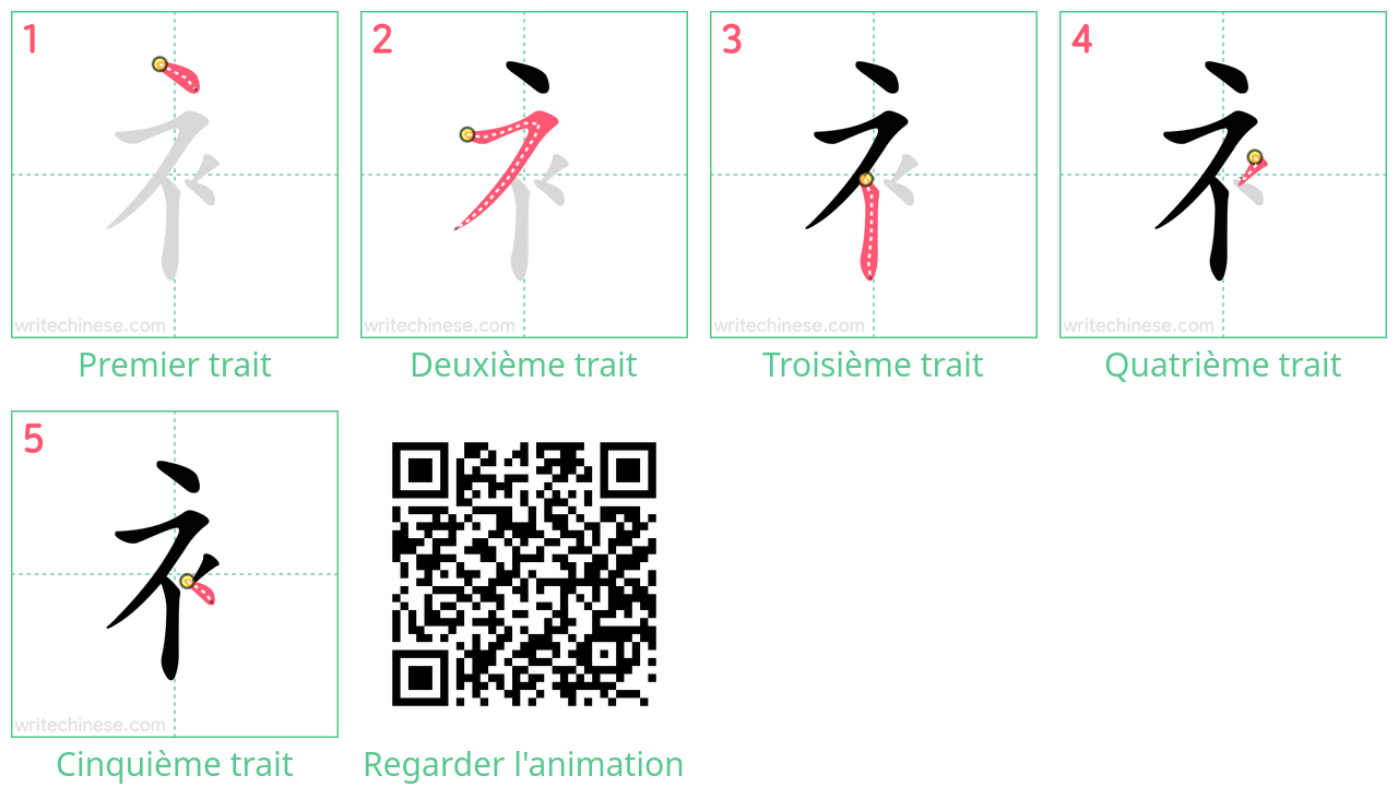 Diagrammes d'ordre des traits étape par étape pour le caractère 衤