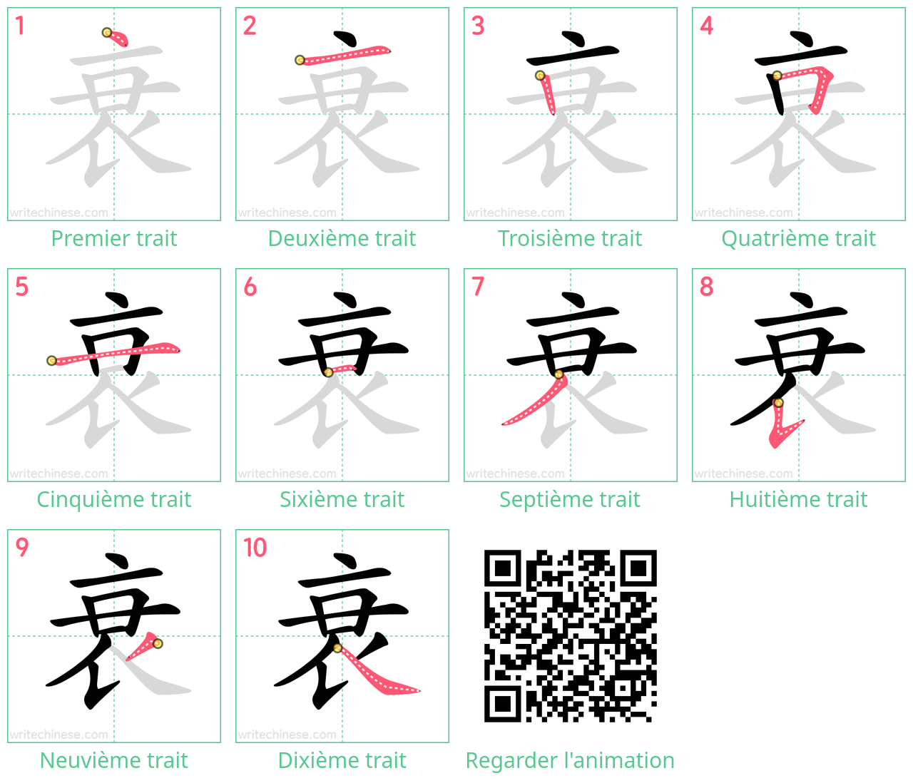 Diagrammes d'ordre des traits étape par étape pour le caractère 衰