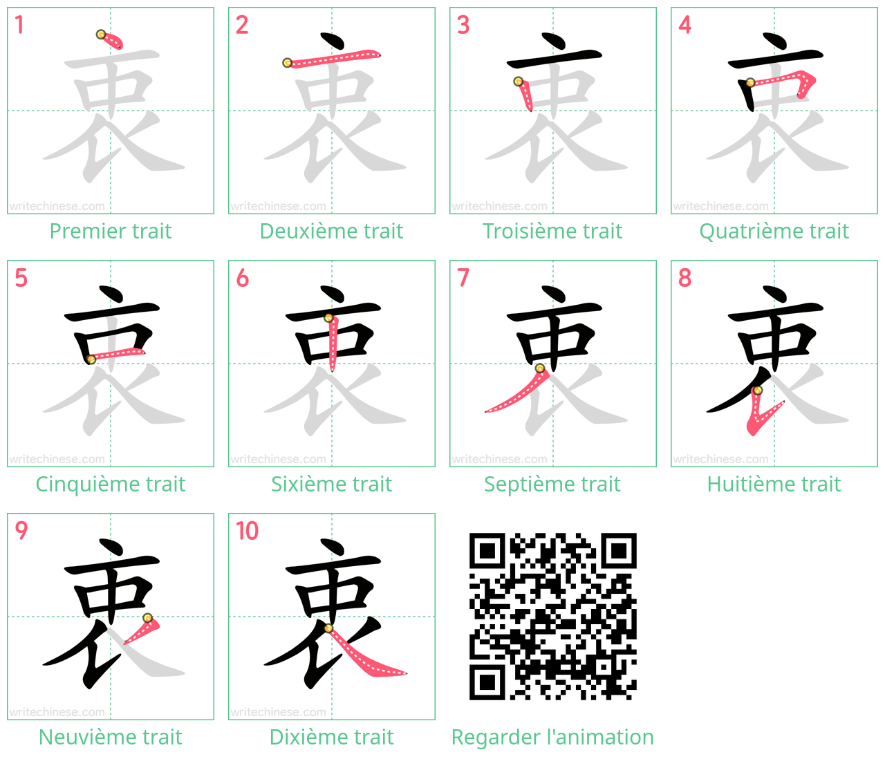 Diagrammes d'ordre des traits étape par étape pour le caractère 衷