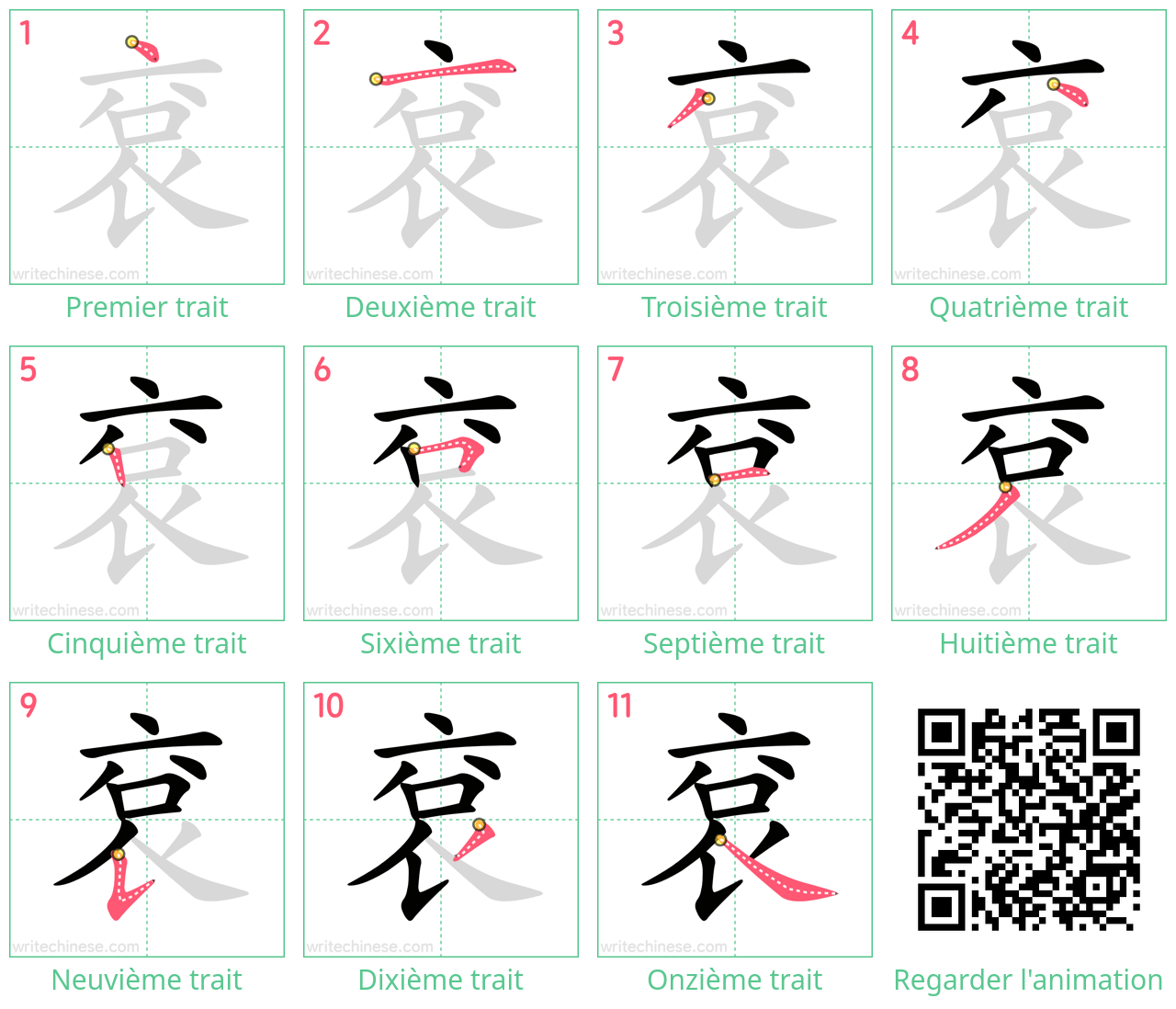 Diagrammes d'ordre des traits étape par étape pour le caractère 袞