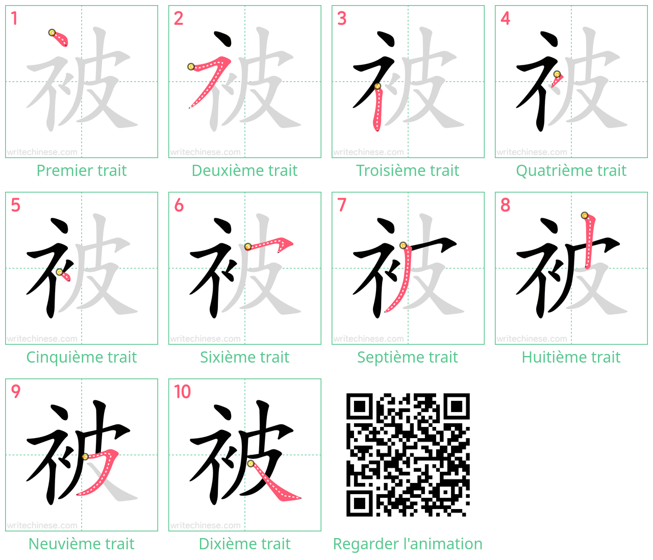 Diagrammes d'ordre des traits étape par étape pour le caractère 被