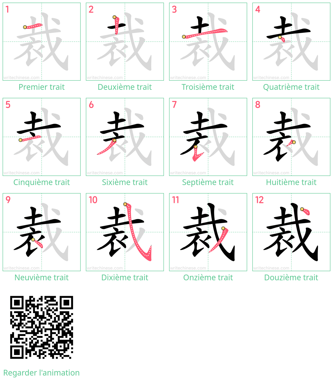 Diagrammes d'ordre des traits étape par étape pour le caractère 裁
