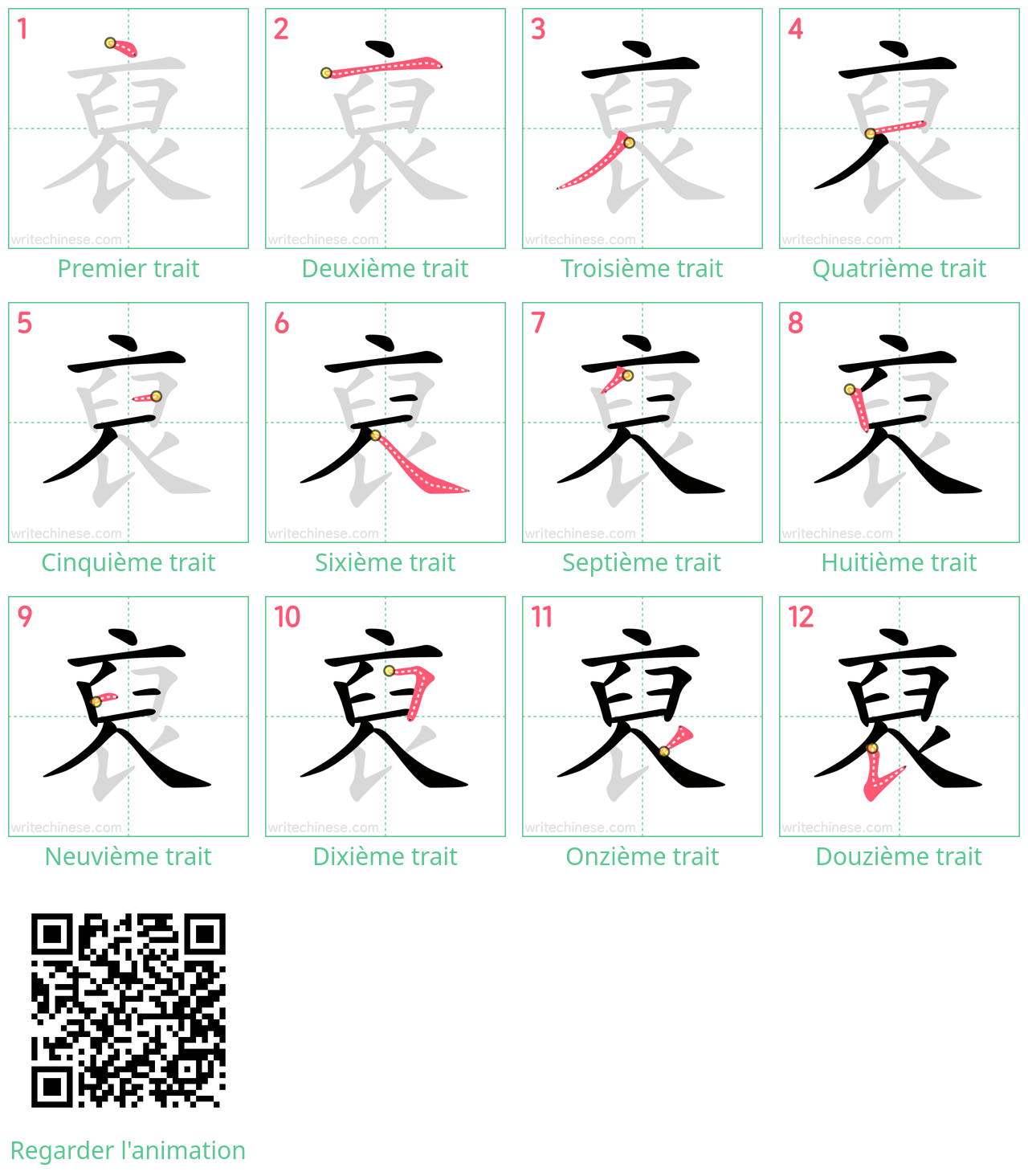 Diagrammes d'ordre des traits étape par étape pour le caractère 裒