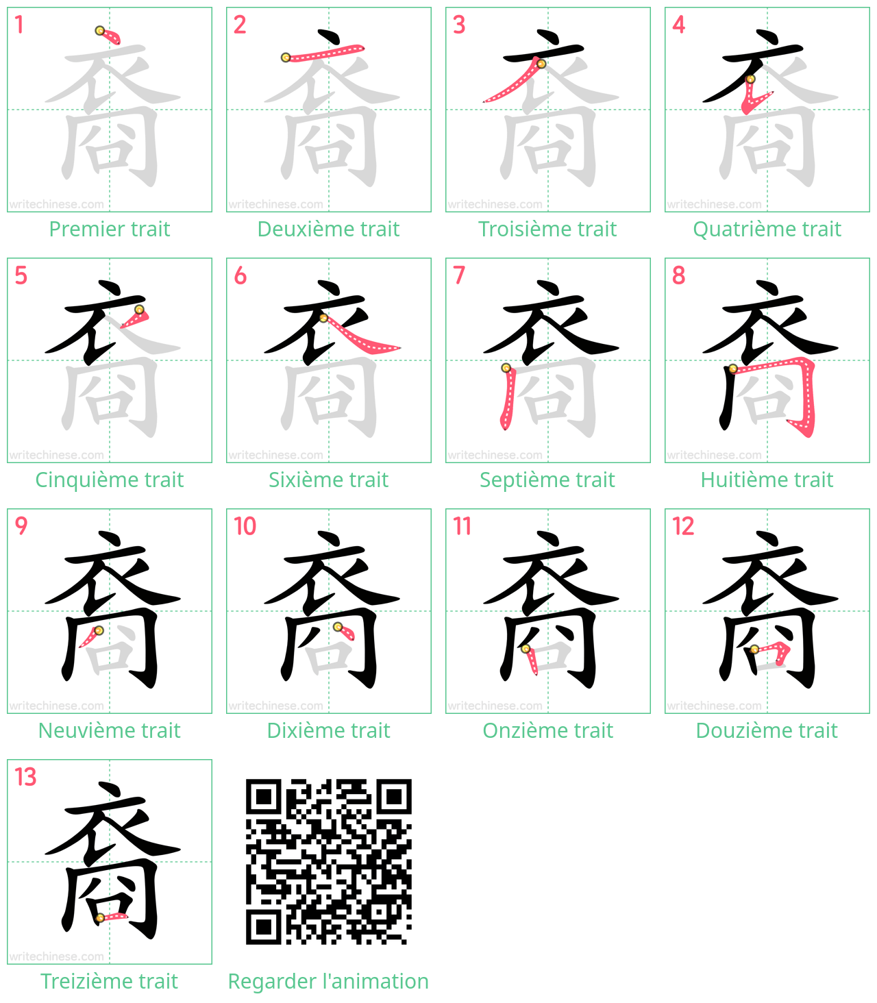 Diagrammes d'ordre des traits étape par étape pour le caractère 裔