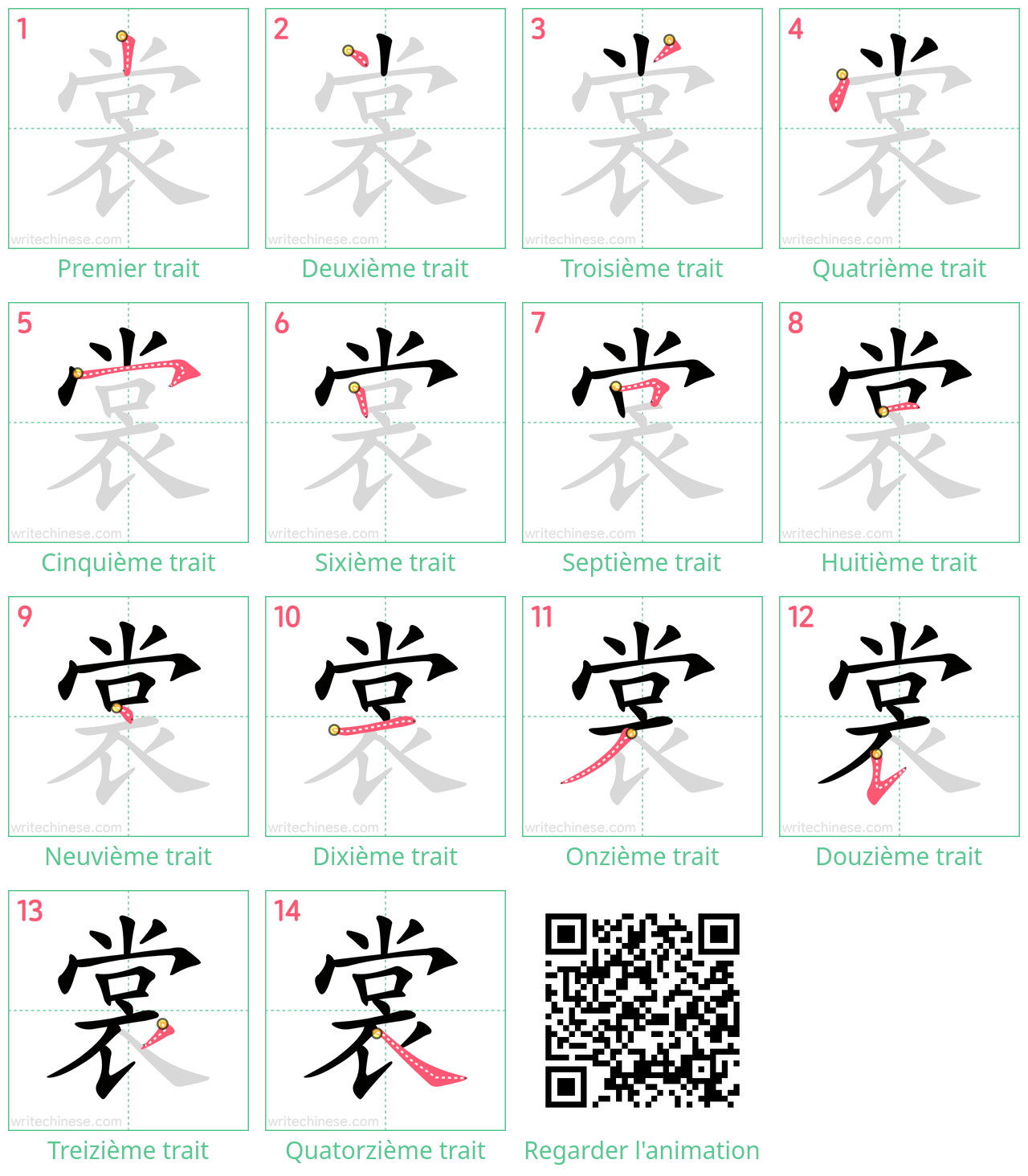 Diagrammes d'ordre des traits étape par étape pour le caractère 裳