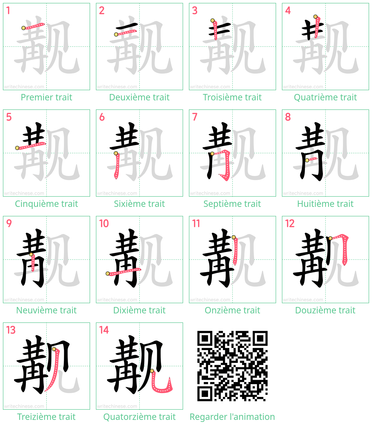 Diagrammes d'ordre des traits étape par étape pour le caractère 觏