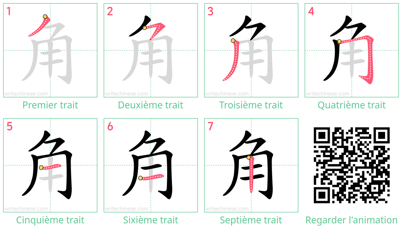 Diagrammes d'ordre des traits étape par étape pour le caractère 角