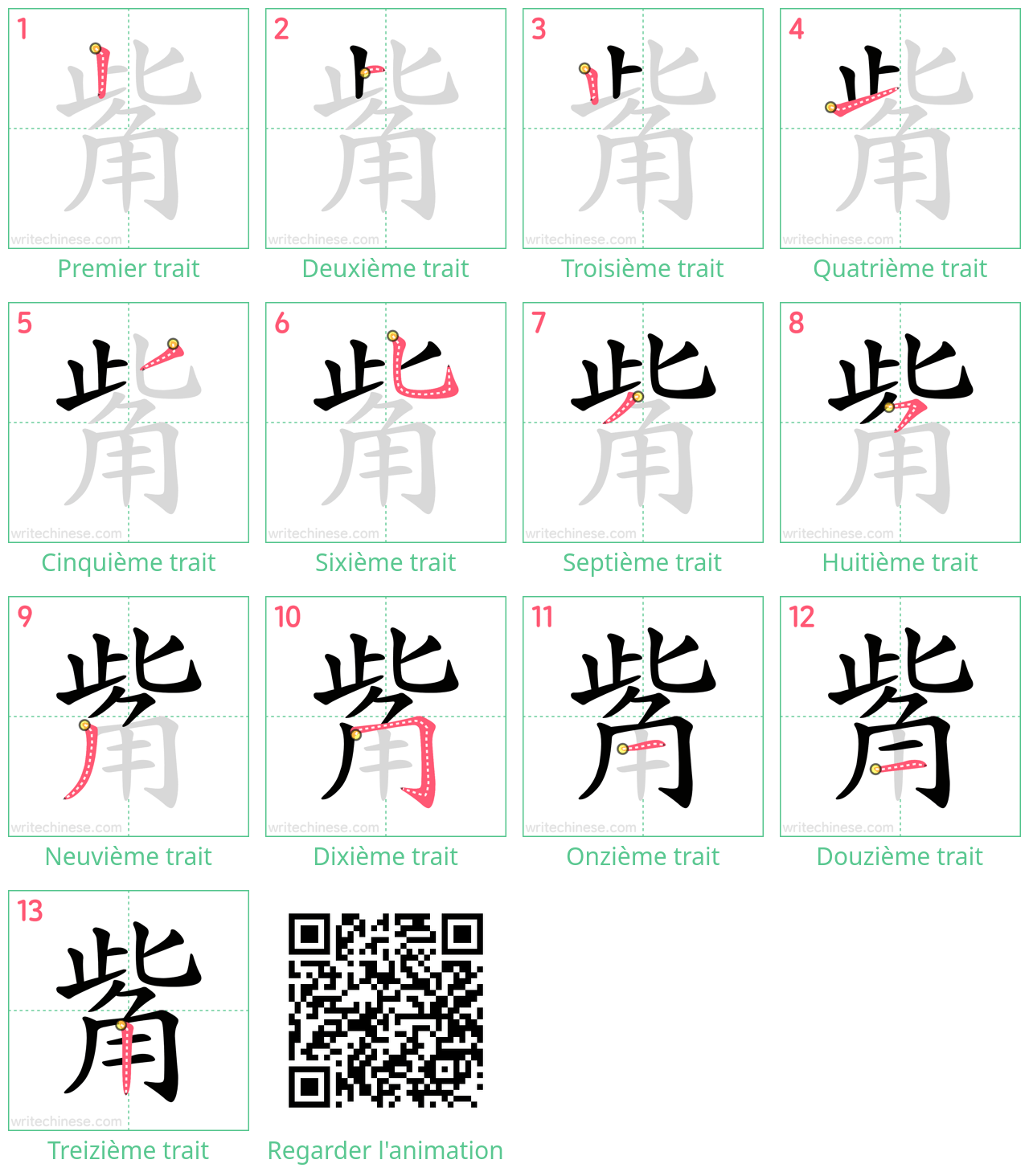 Diagrammes d'ordre des traits étape par étape pour le caractère 觜