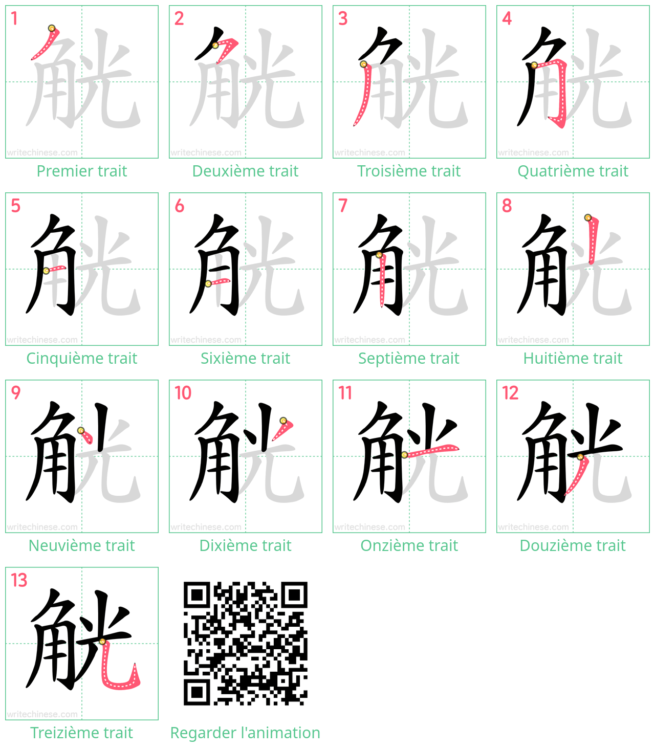 Diagrammes d'ordre des traits étape par étape pour le caractère 觥